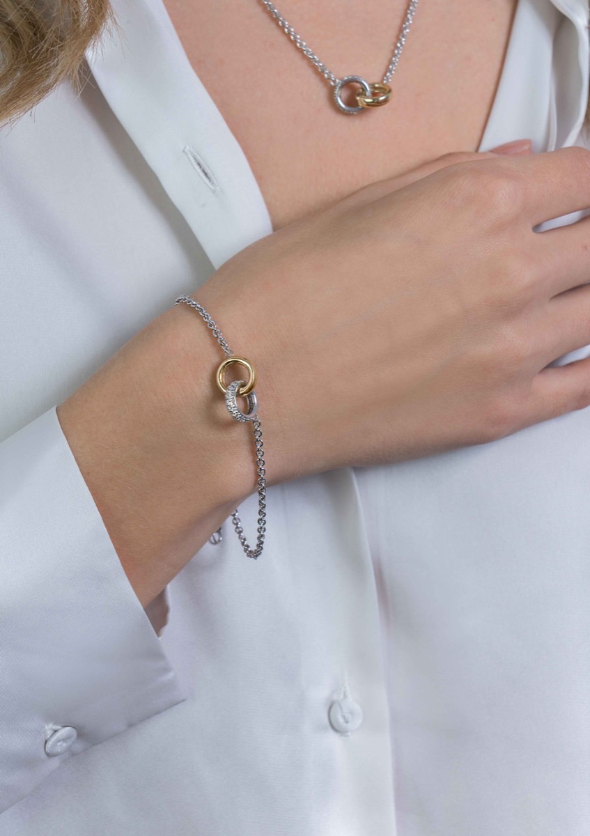 ZINZI Set von 2 silbernen Armbändern zweifarbige Glieder mit zwei Ringen verbunden 18-21cm ZIA2102-SET