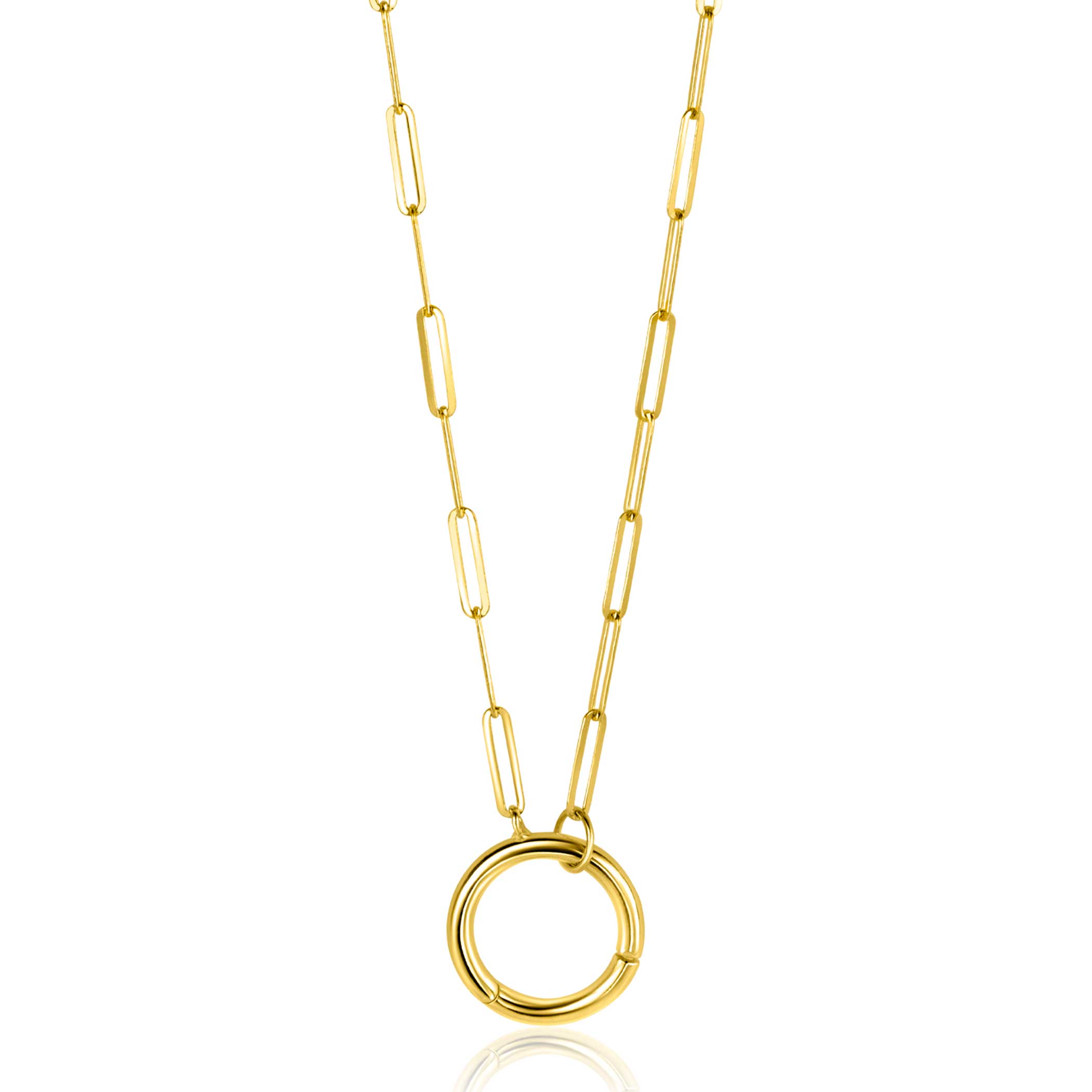ZINZI Gold 14 Karat goldene Paperclip-Kette mit auffälligem rundem Frontverschluss, an dem man Anhänger befestigen kann 45cm ZGC493
