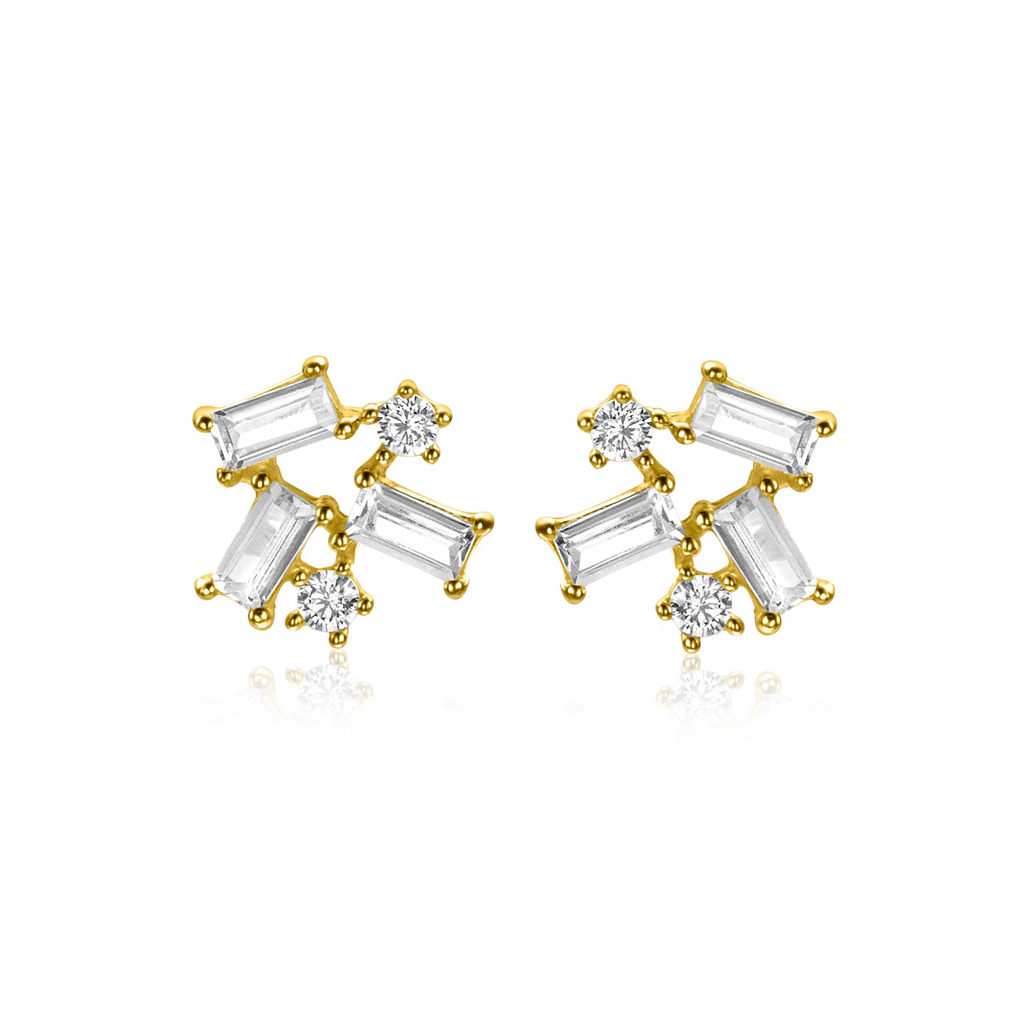 8mm ZINZI Gold 14kt goldene Fantasie-Ohrstecker mit rechteckigen baguettegeschliffenen Zirkonias und runden weißen Zirkonias ZGO511