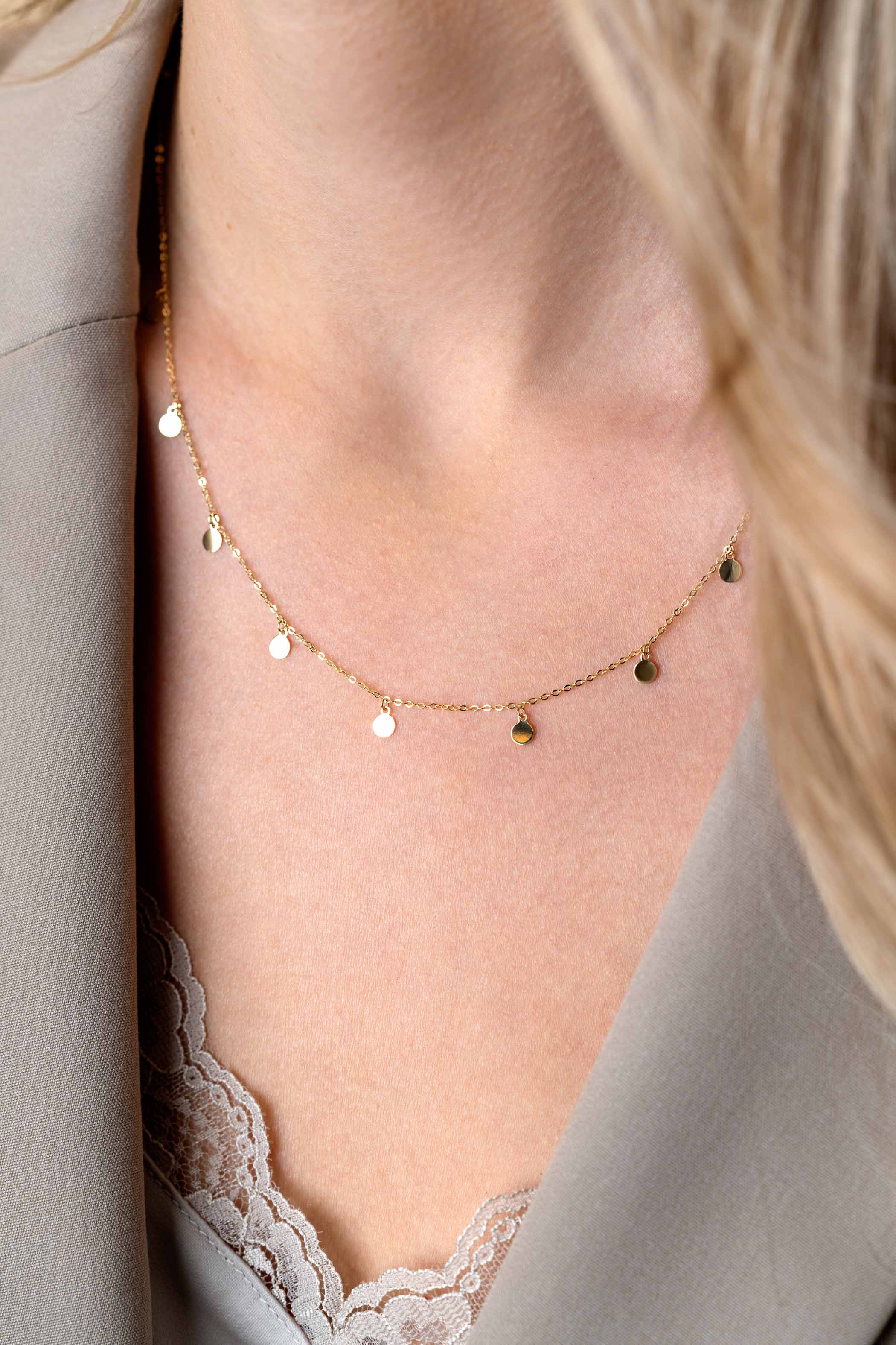ZINZI Gold 14 Karat goldene Kette mit 9 baumelnden Kreisen 40-45cm ZGC488
