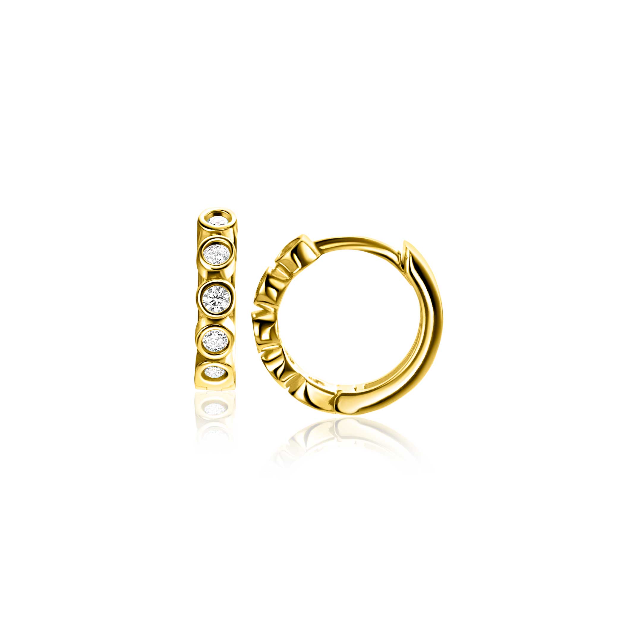 13mm ZINZI Gold 14-karätige Goldohrringe mit runden Fassungen besetzt mit weißen Zirkonia, luxuriösem Klappverschluss, 13mm x 2,7mm Rohr. ZGO507