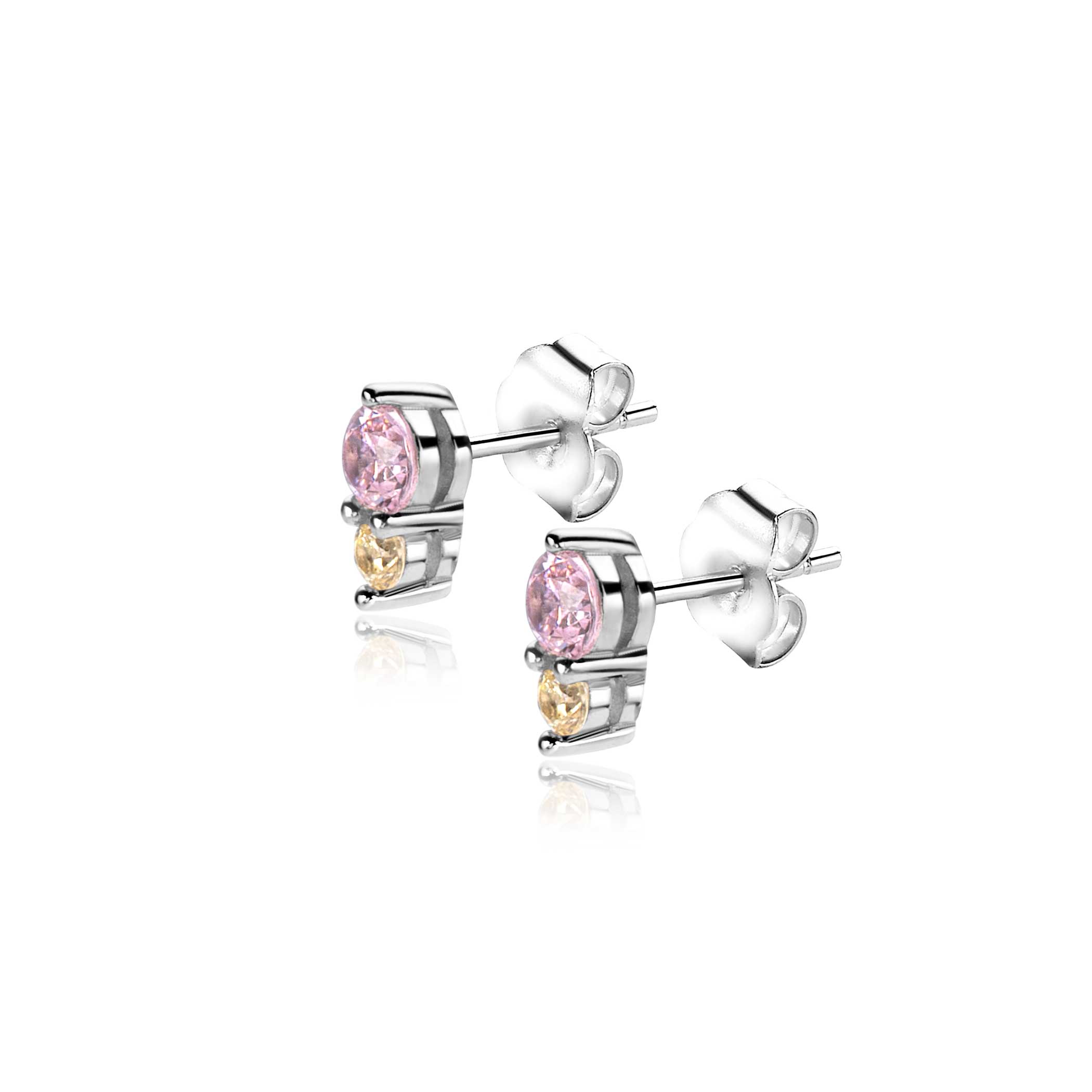 ZINZI zlv. oorknopjes met roze en gele zirc.