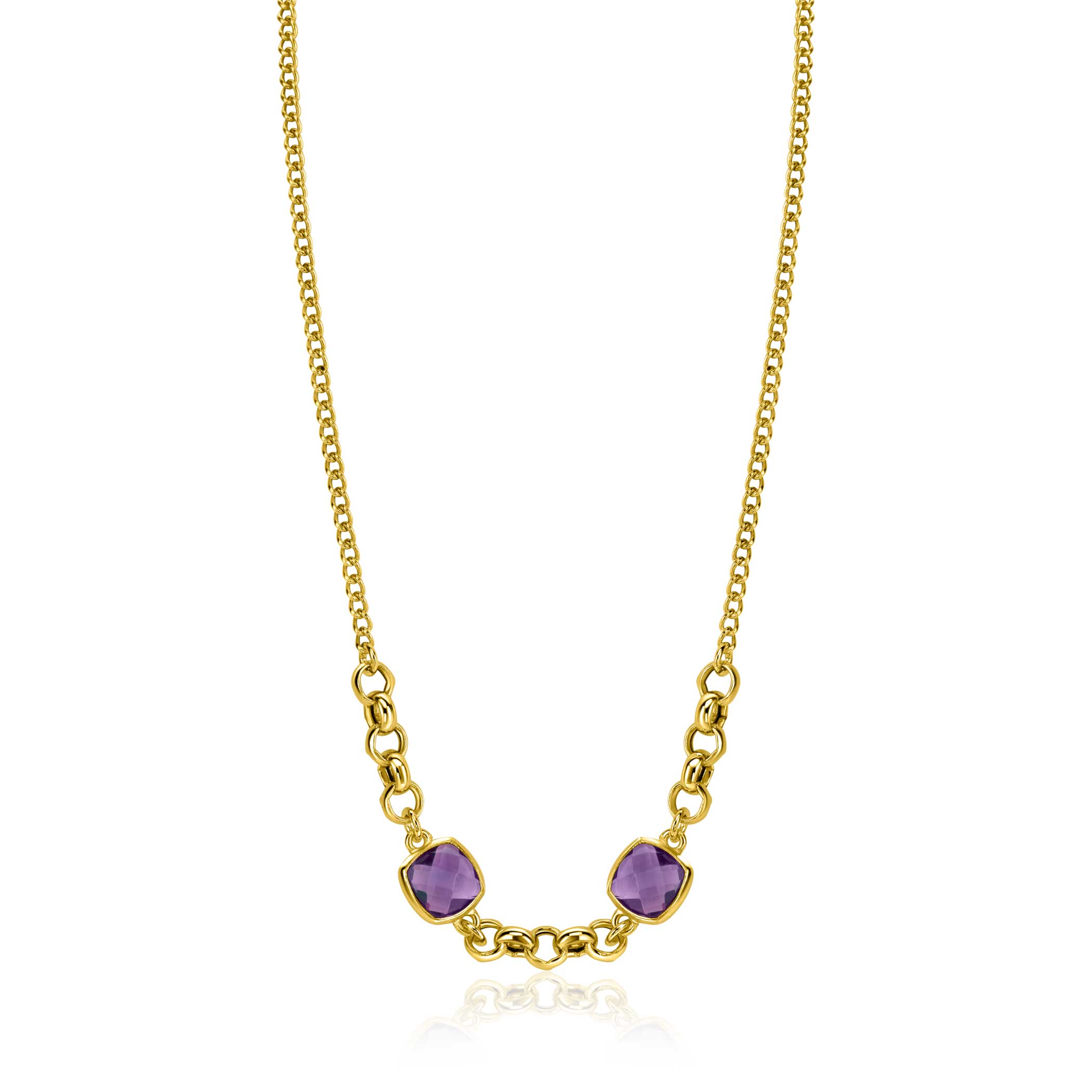 ZINZI vergoldete Silber-Gourmet-Kette mit zwei quadratischen violetten Farbsteinen 40-45cm ZIC-BF122
