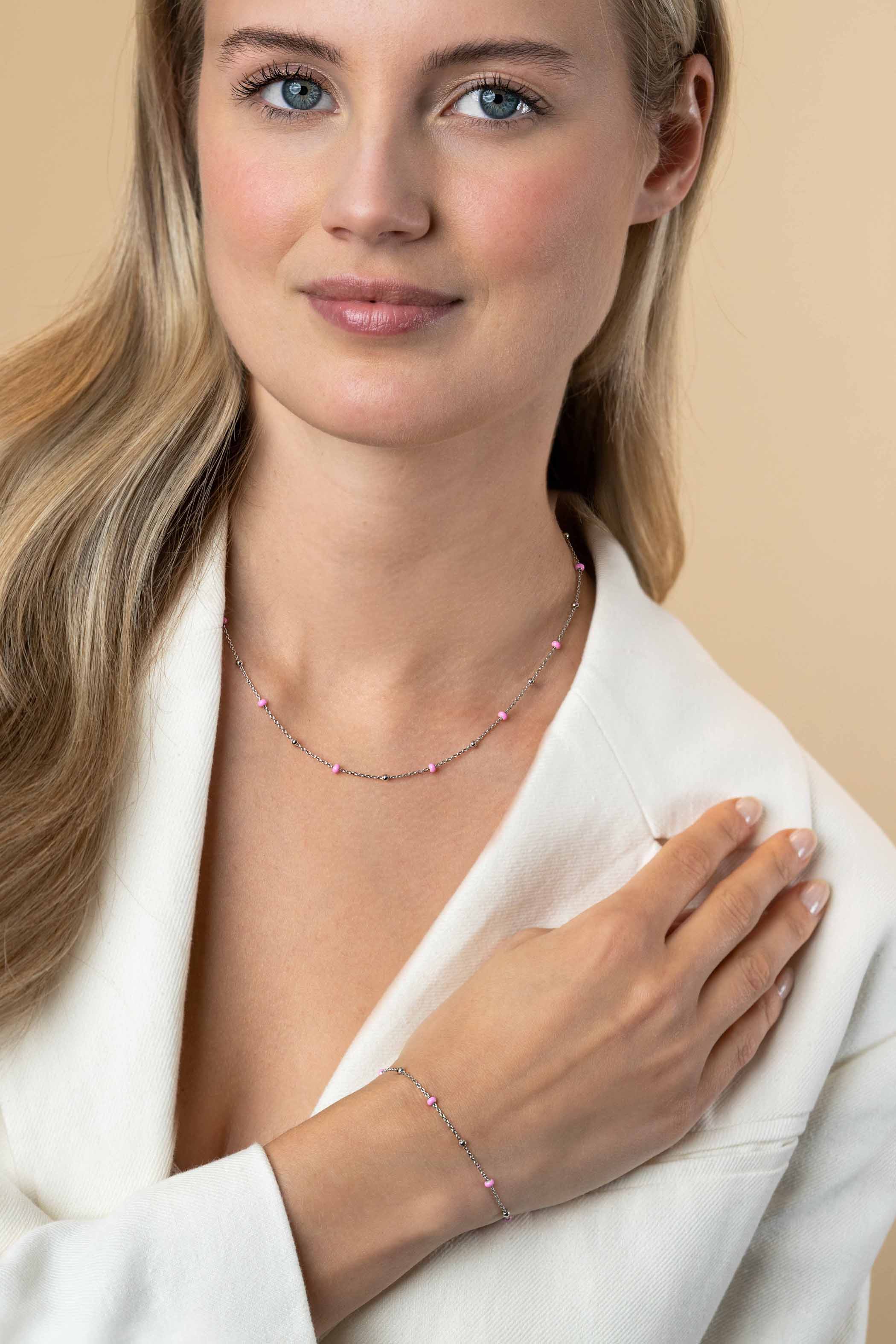 ZINZI zlv. collier met zlv.en roze bolletjes