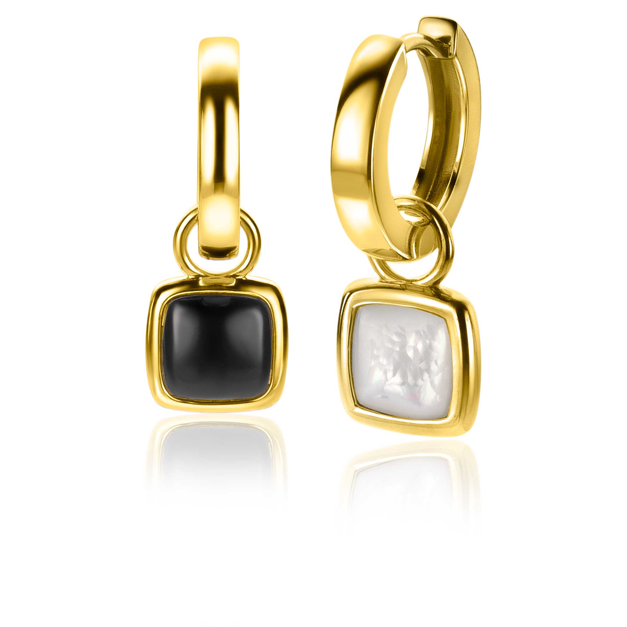 ZINZI Silberne Ohranhänger extra 14 Karat gelbvergoldetes Quadrat zweiseitig schwarzer Onyx und weißes Perlmutt 10mm ZICH2257G