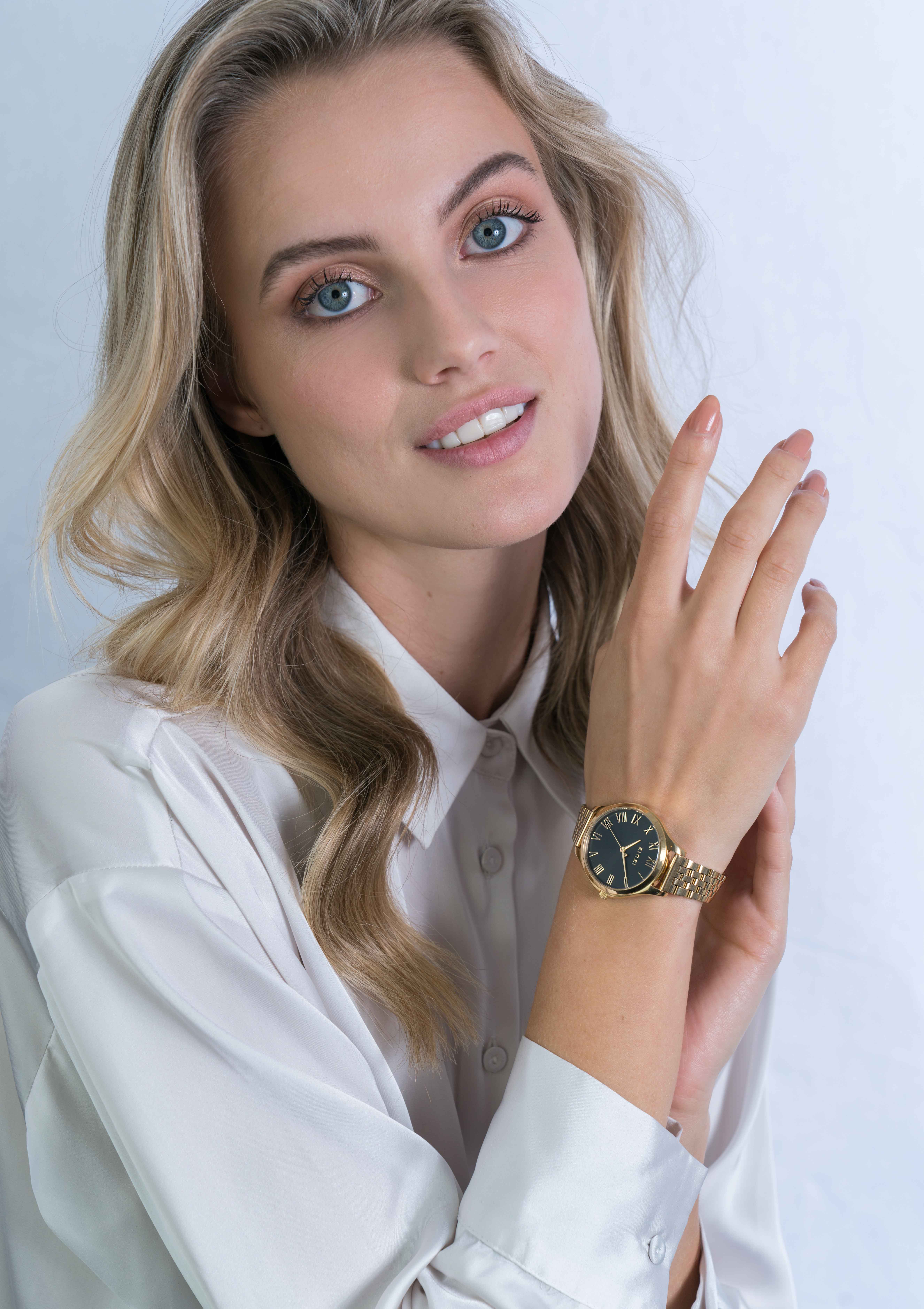 "ZINZI Uhr JULIA 34mm schwarzes Zifferblatt römische Zahlen goldfarbenes Stahlgehäuse und Band ziw1143"