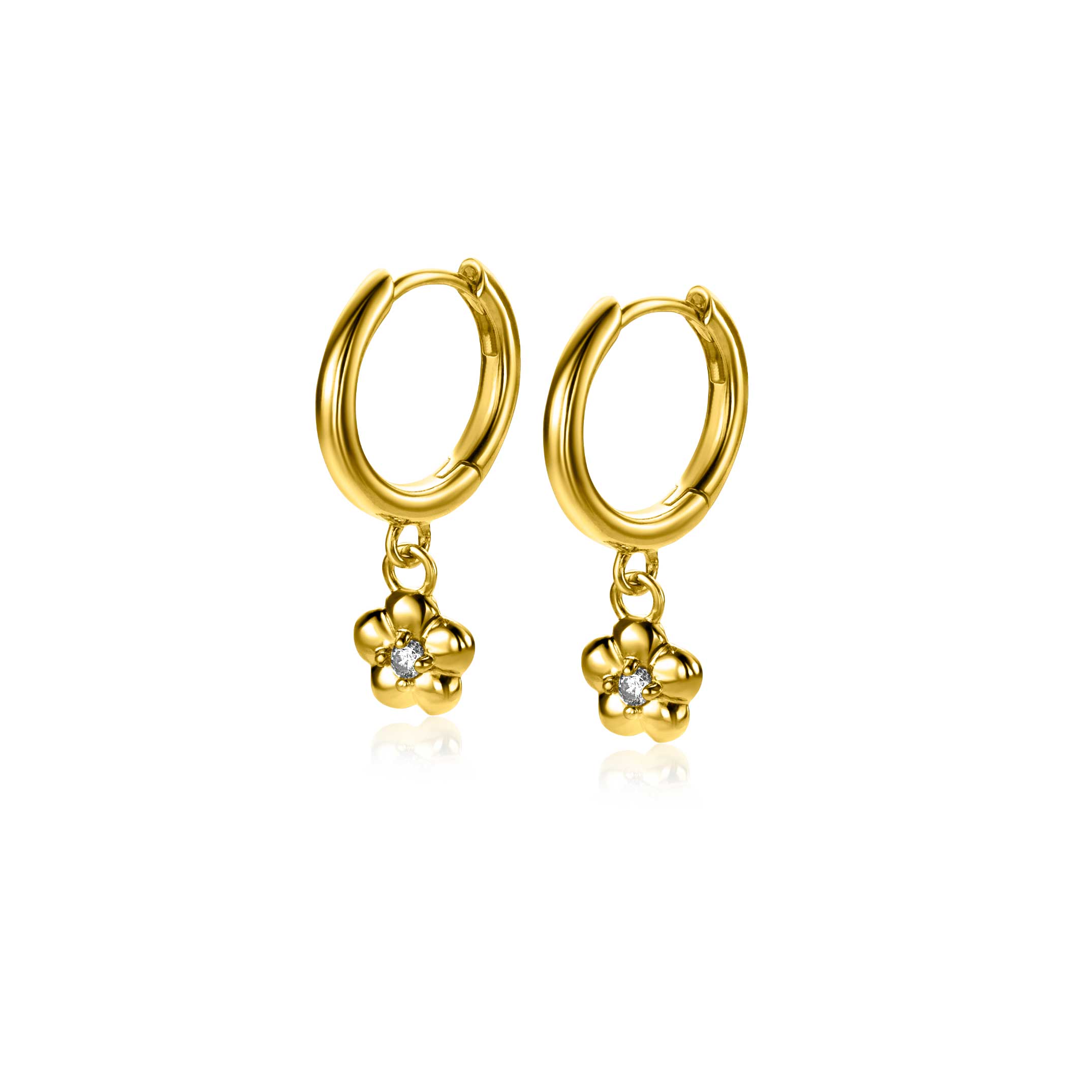 22mm ZINZI vergoldete Silber Creolen 14mm mit baumelnden Blümchen, besetzt mit weißen Zirkonia ZIO2620