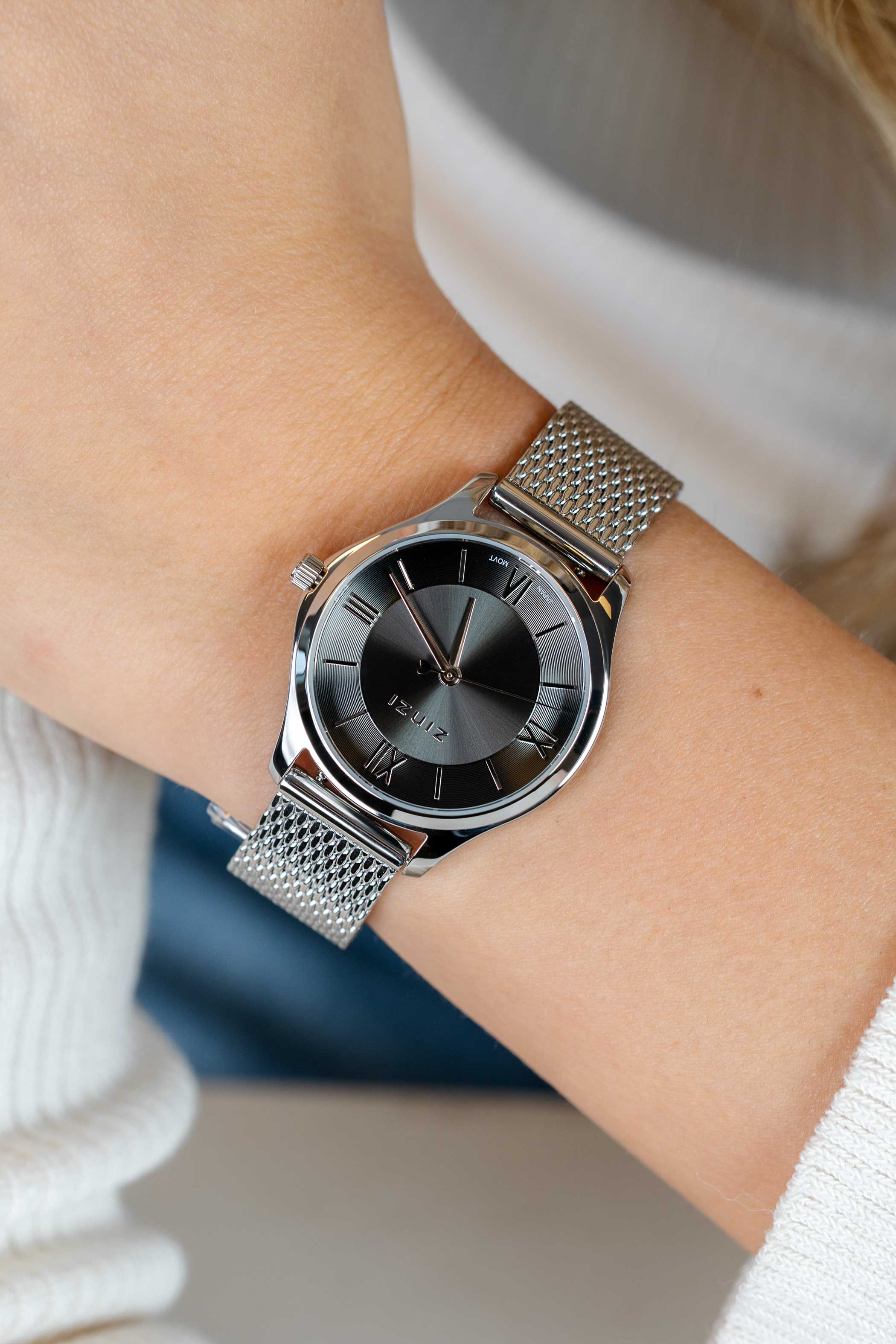 ZINZI Classy Mini Uhr 30 mm graues Zifferblatt Stahlgehäuse und Mesh-Armband ZIW1224M