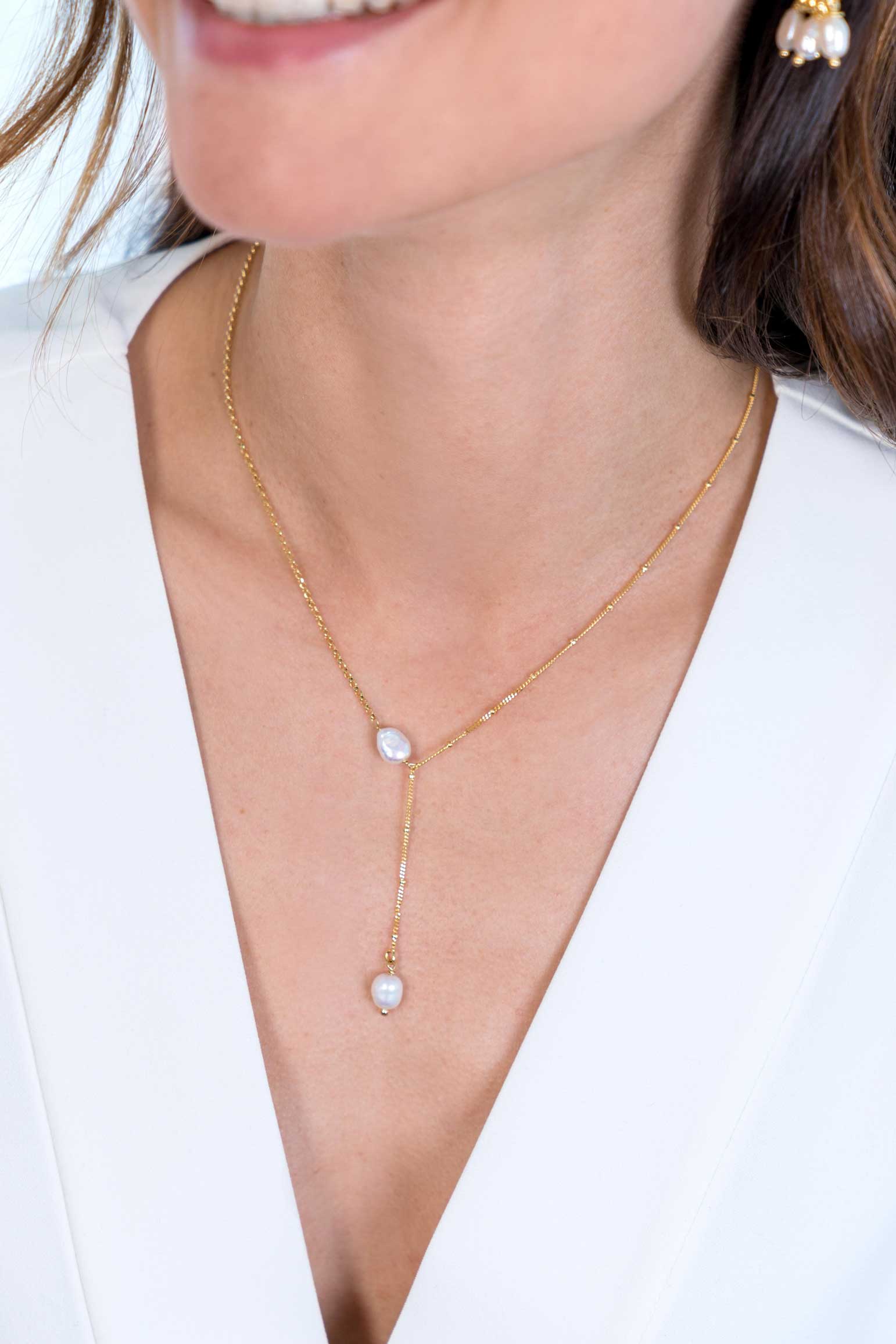 ZINZI silberne Y-Halskette 14K gelb vergoldet 45cm Kugel  weiße Perlen ZIC2187G