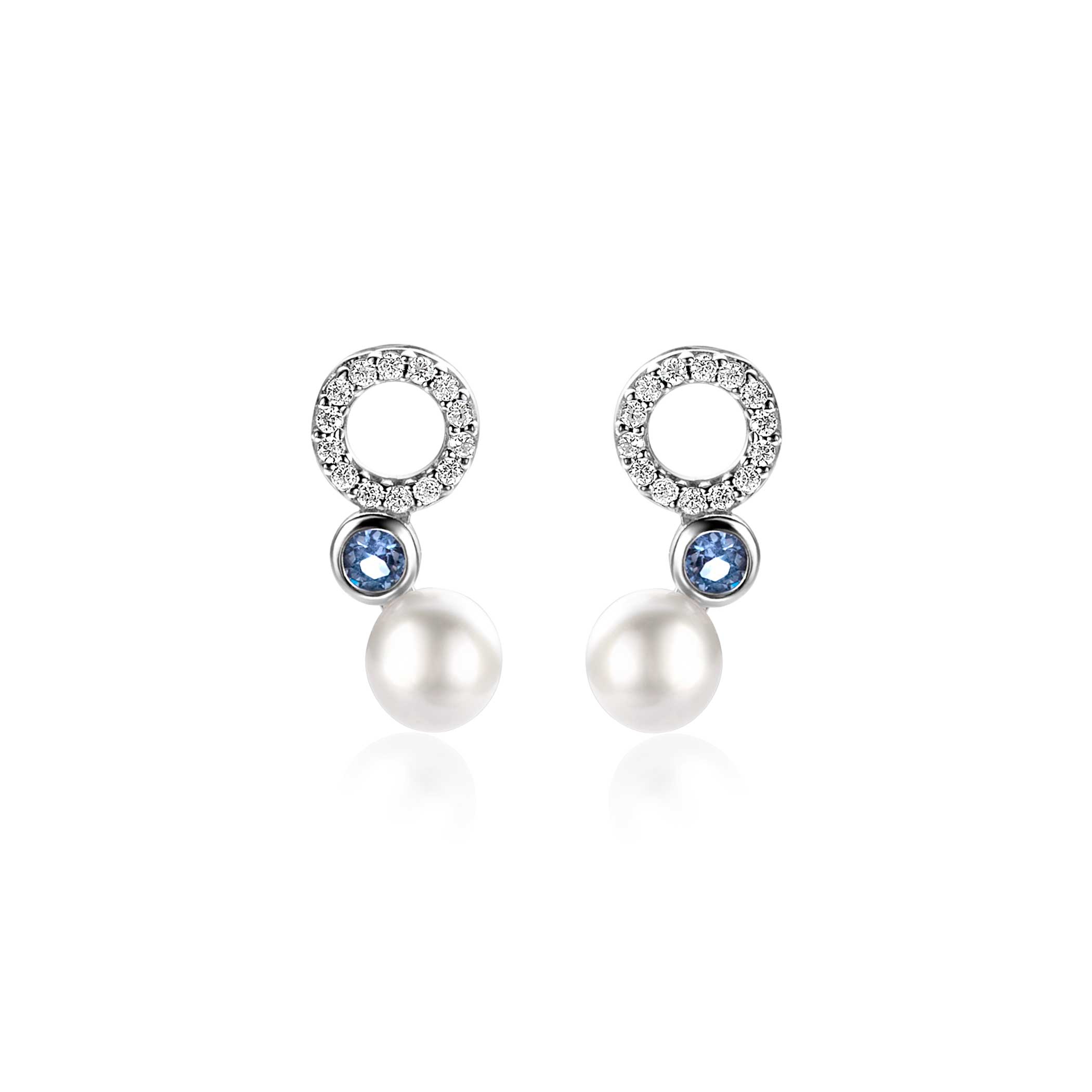 ZINZI zlv. oorstekers met zirc.wit/blauw/parel