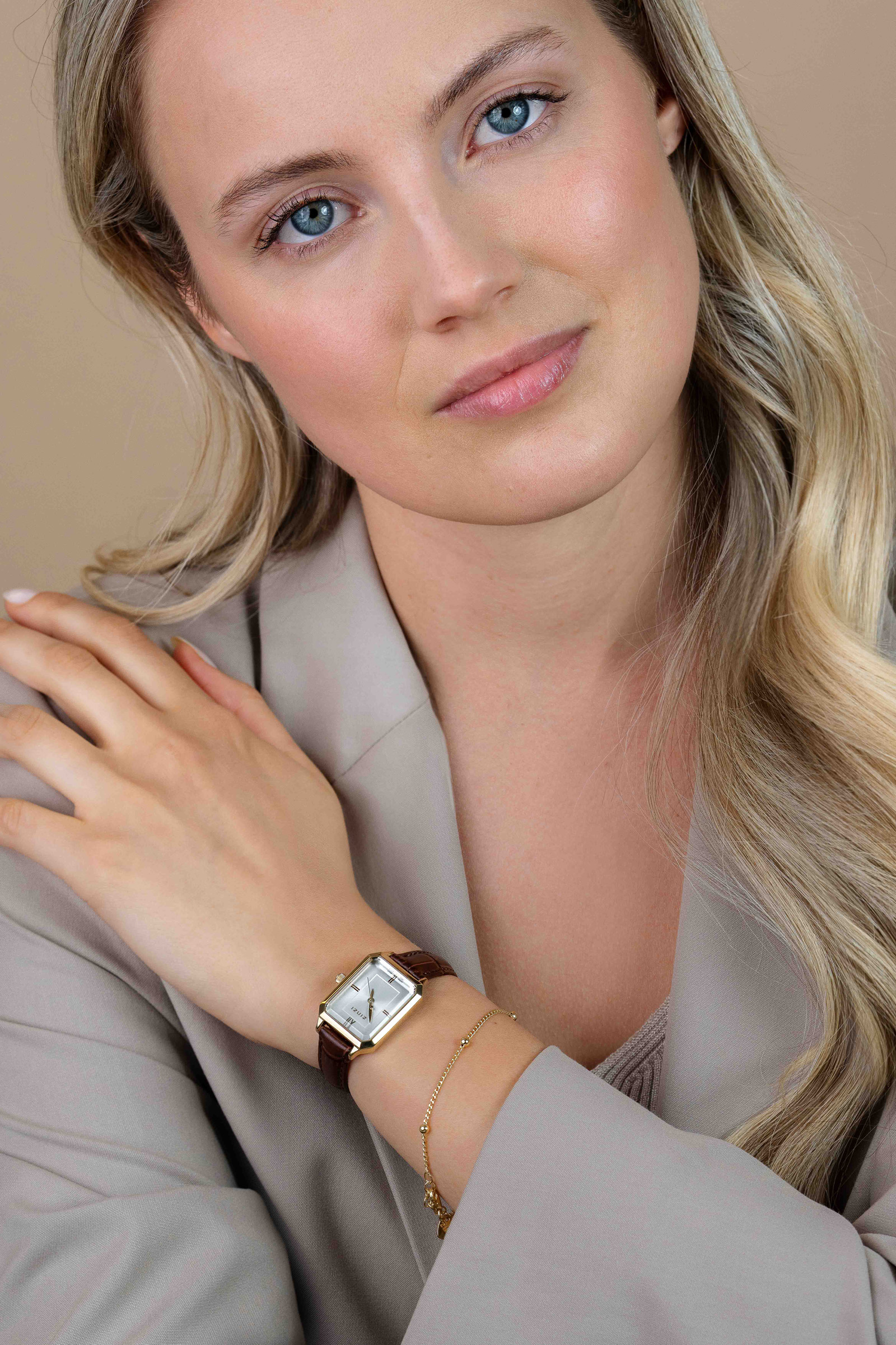 Zinzi Allure horloge 30mm gold/w.plt zilver/bruine band