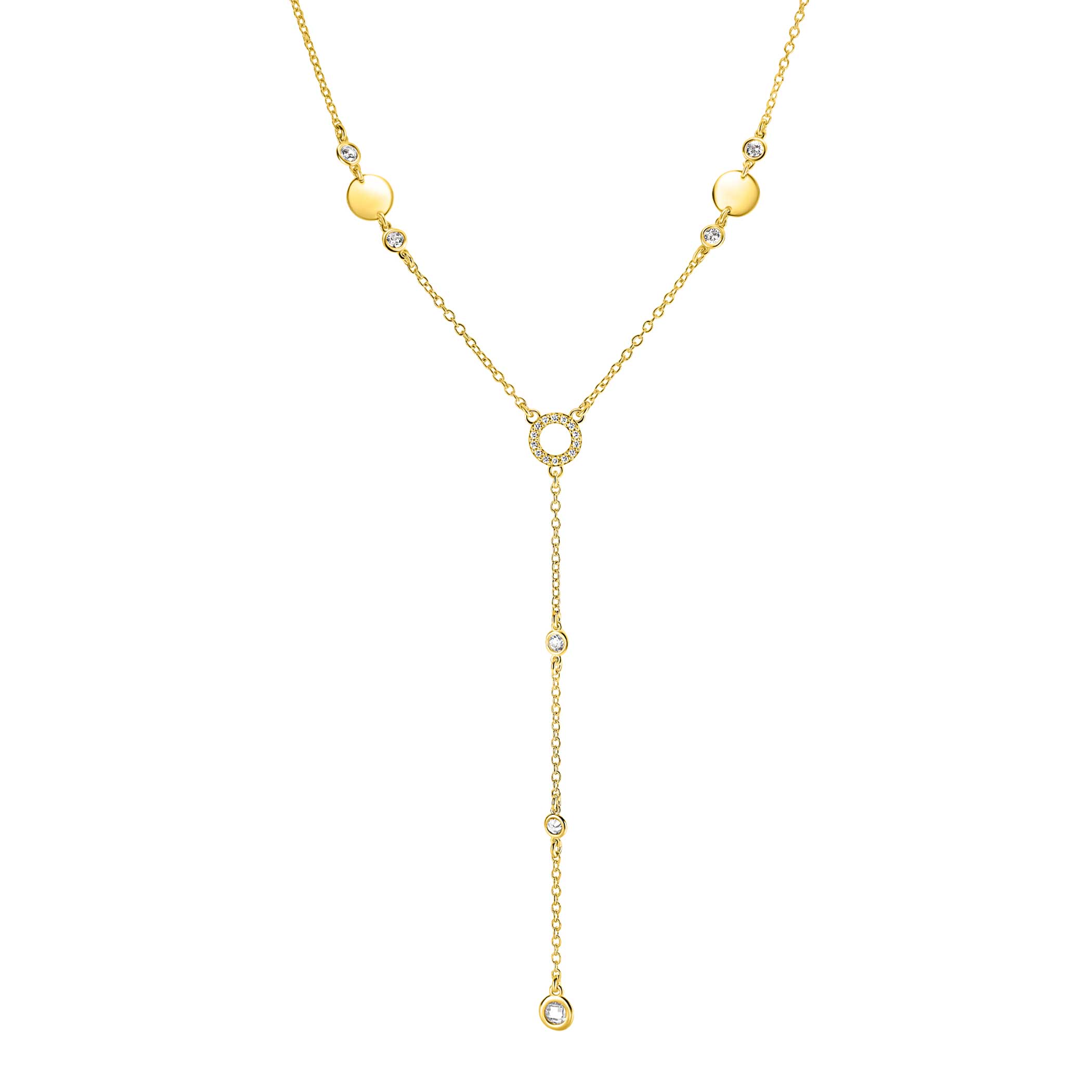 ZINZI zlv. Y-collier met ronde plaatjes en zirc.