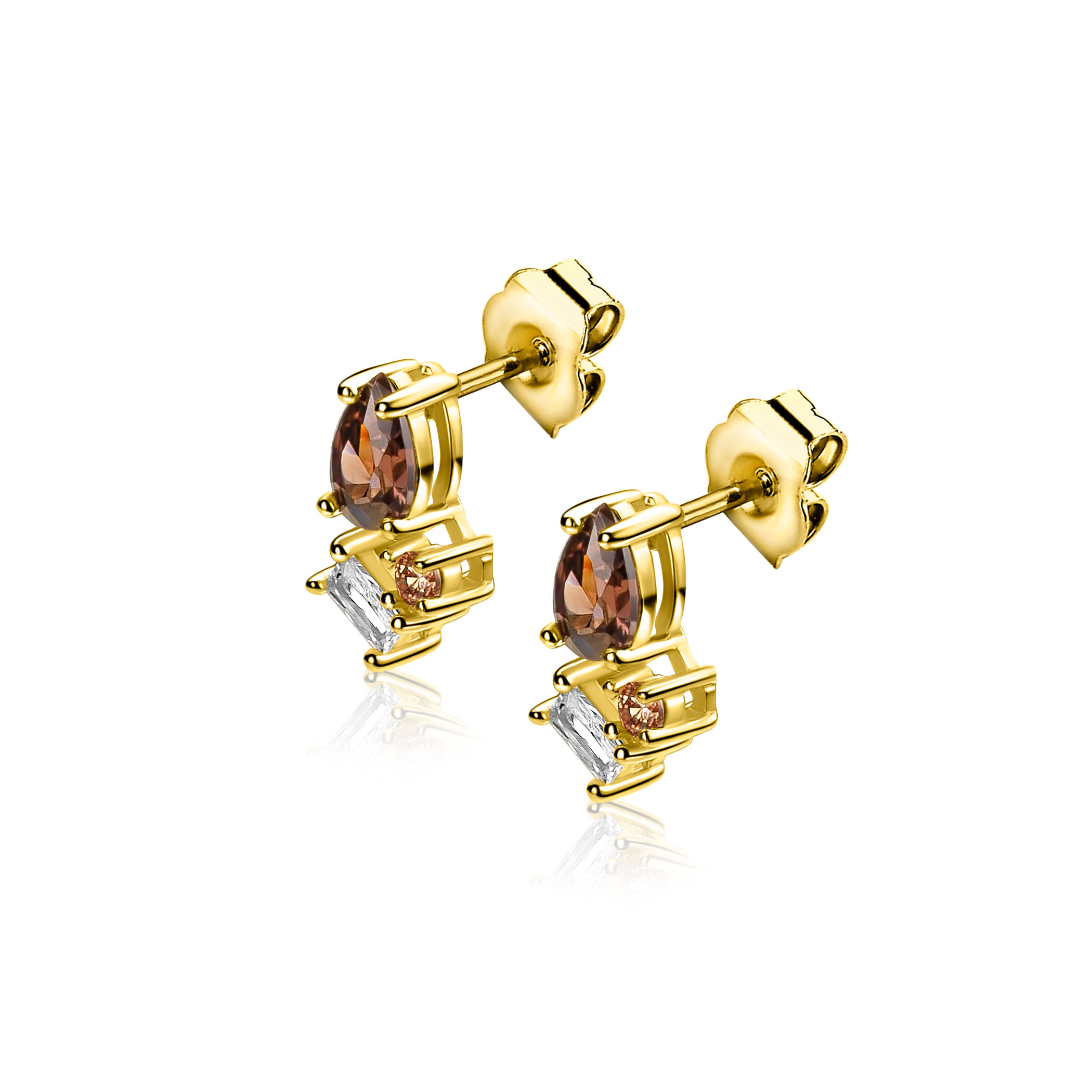 ZINZI zlv. oorknopjes met bruin/champ/wit cz