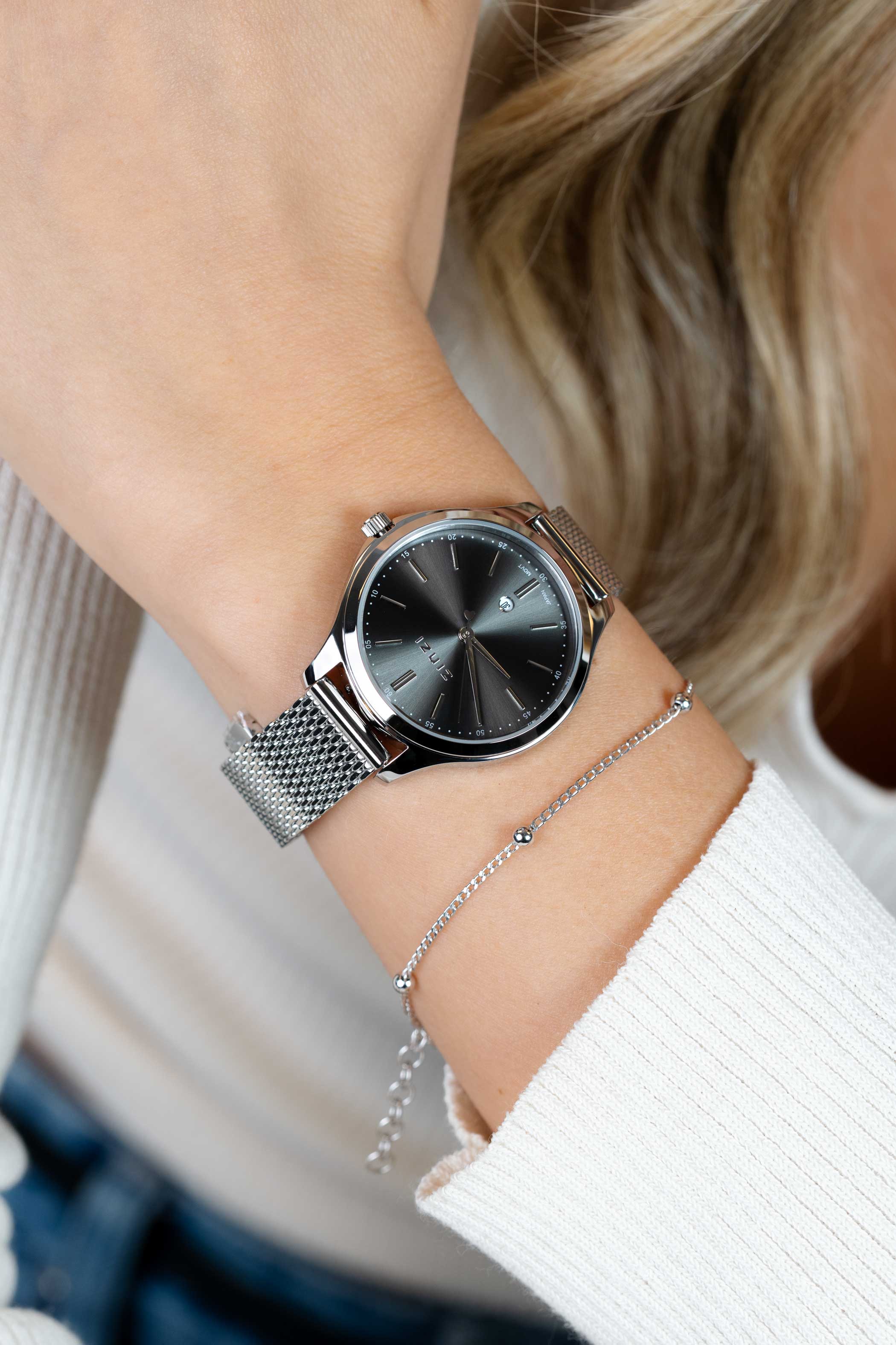 ZINZI Classy Uhr 34 mm graues Zifferblatt Stahlgehäuse und Mesh-Armband, Datum ZIW1024M