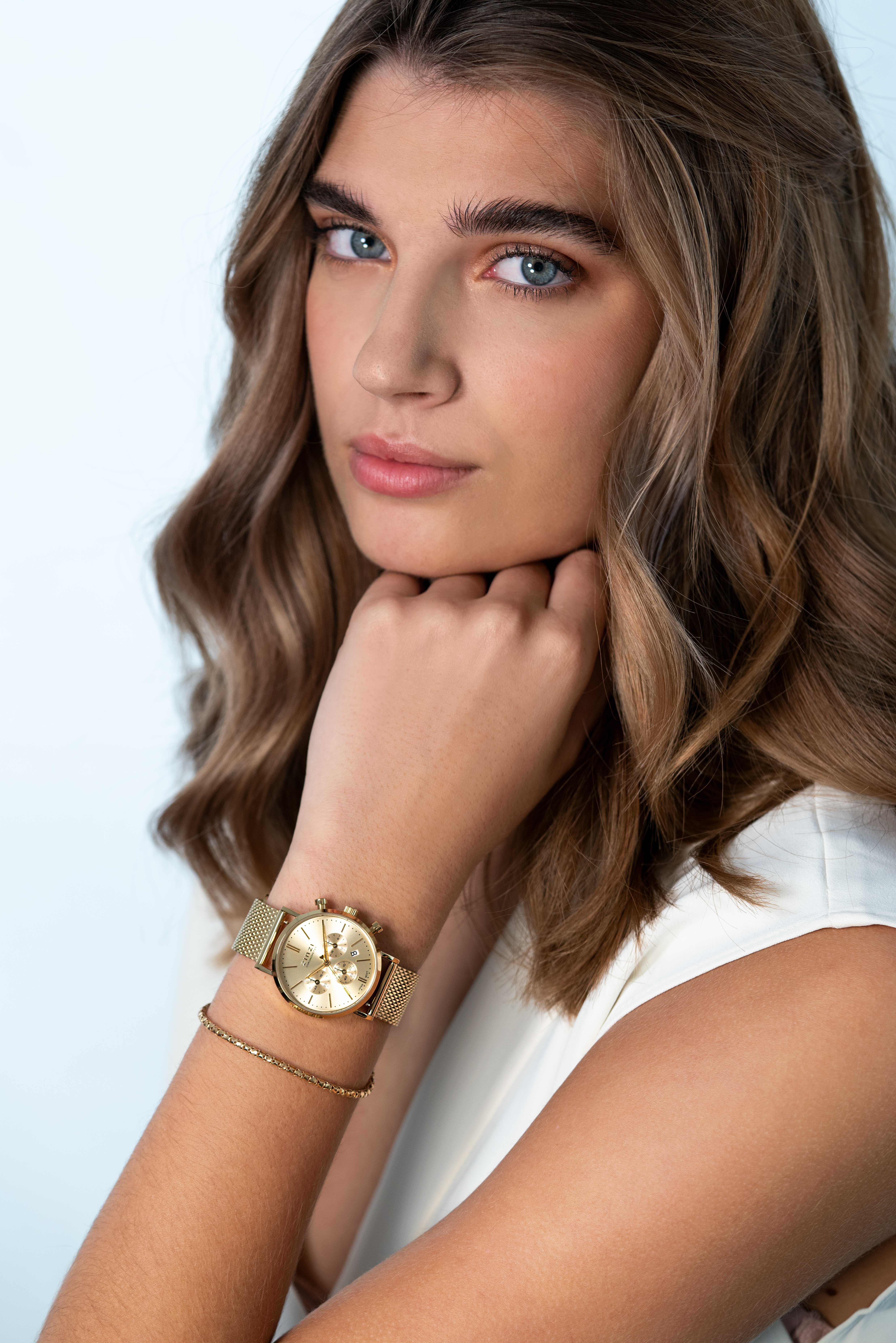 "ZINZI Uhr CHRONOGRAPH 34 mm gelbgoldfarbenes Zifferblatt mit Datum und Chronometern, gelbgoldfarbenes Stahlgehäuse, gelbgoldfarbenes Stahlgeflechtarmband 18mm ZIW1510"