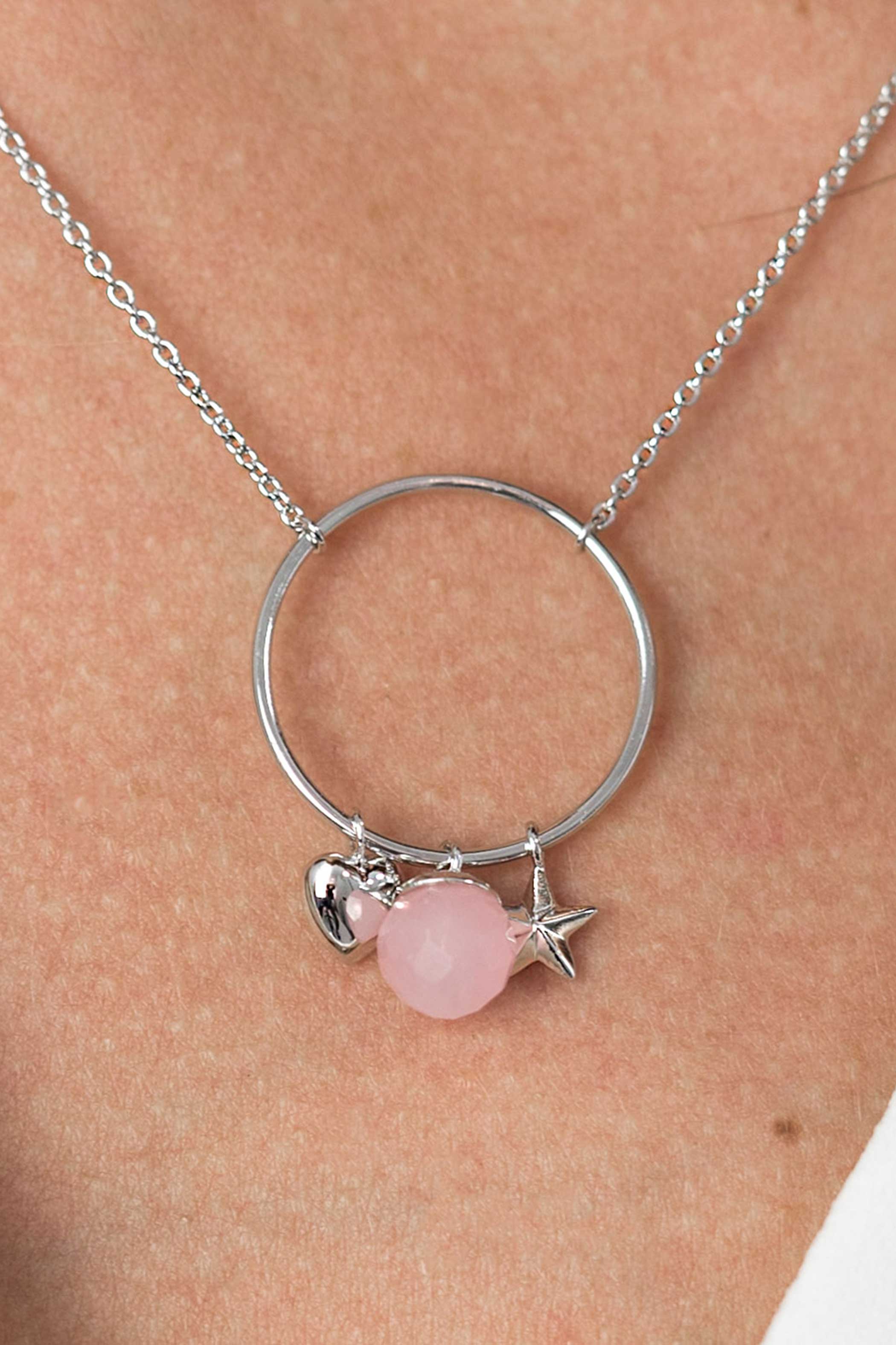 ZINZI silberne Kette Herz rund Stern rosa45cm ZIC1878