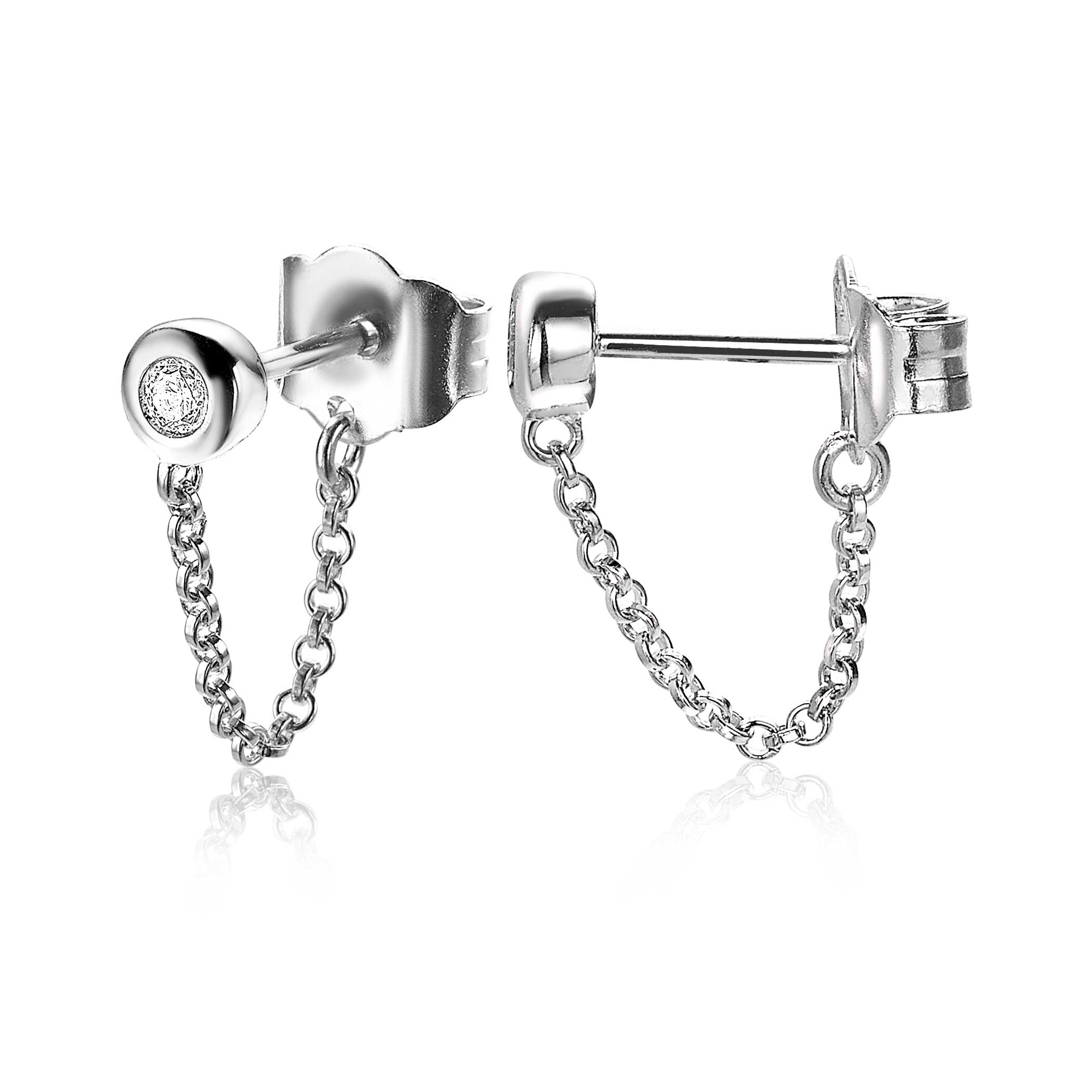 ZINZI silberne Ohrstecker mit Kette rund  weiß ZIO1773