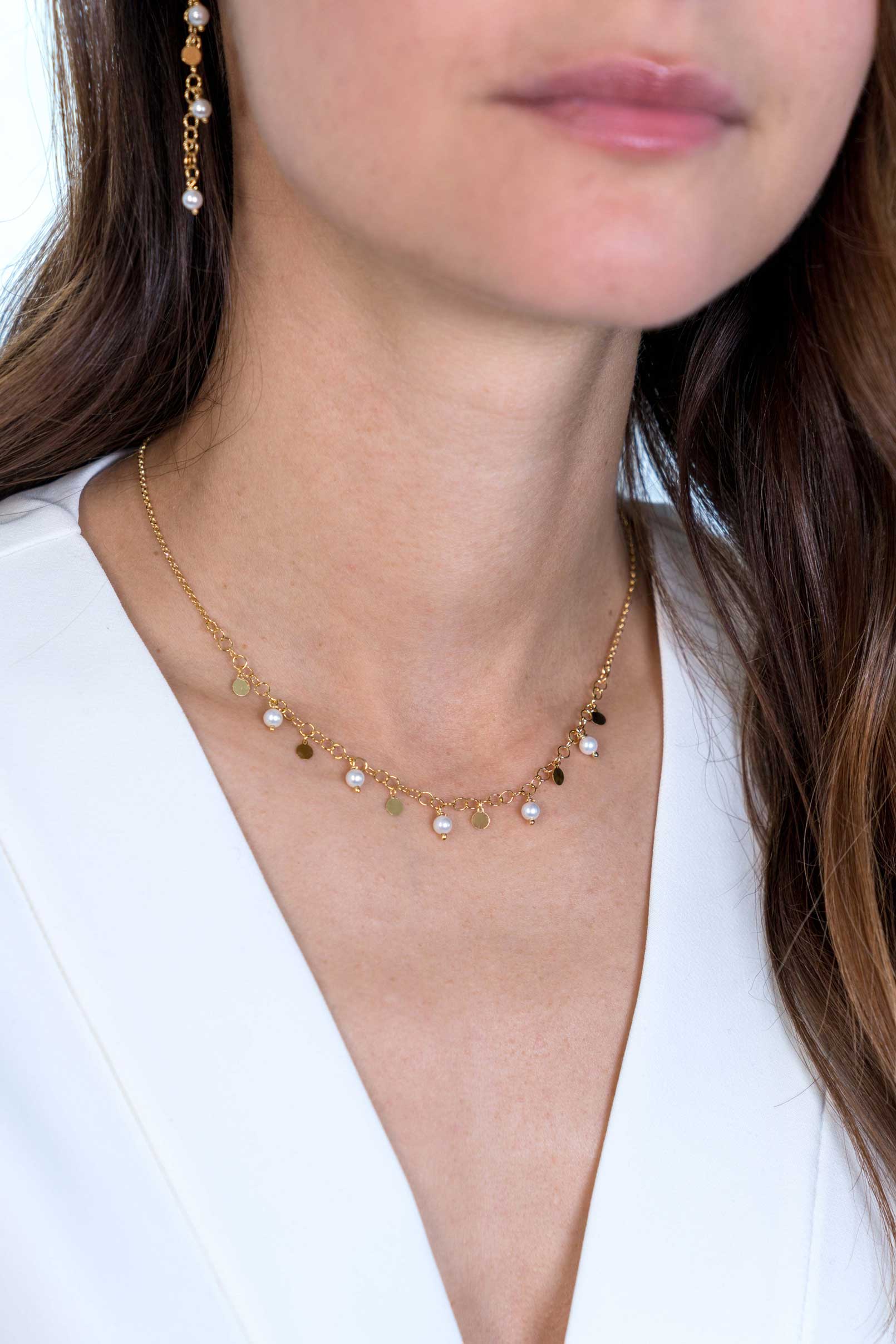 ZINZI silberne Fantasie Kette 14K gelb vergoldet runde Glieder  weiße Perlen 40-45cm ZIC2186G