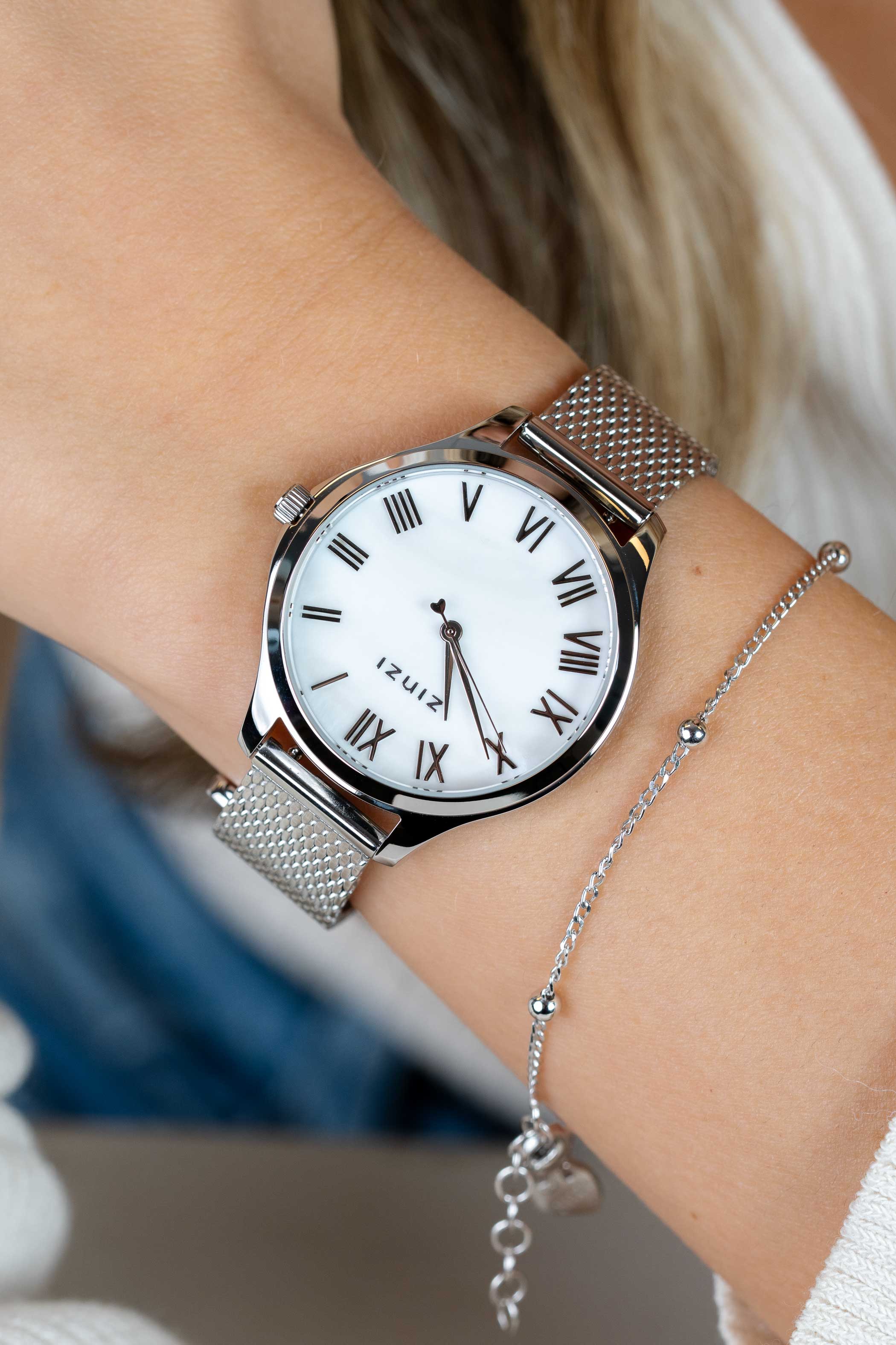 ZINZI Uhr JULIA 34 mm weißes Perlmutt-Zifferblatt römische Ziffern Stahlgehäuse und Mesh-Armband ZIW1117M
