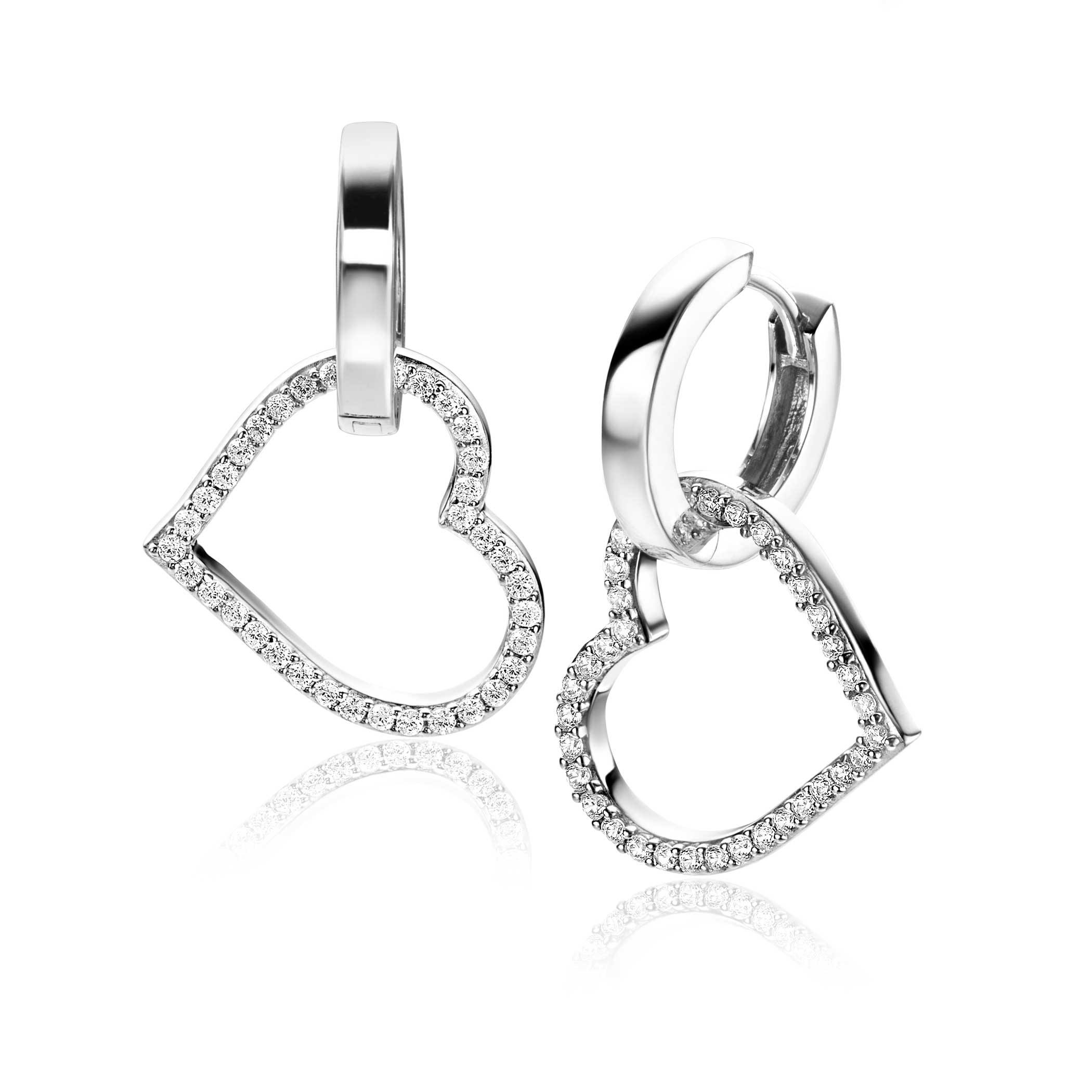 ZINZI zlv. oorbedels open hart groot zirconia's
