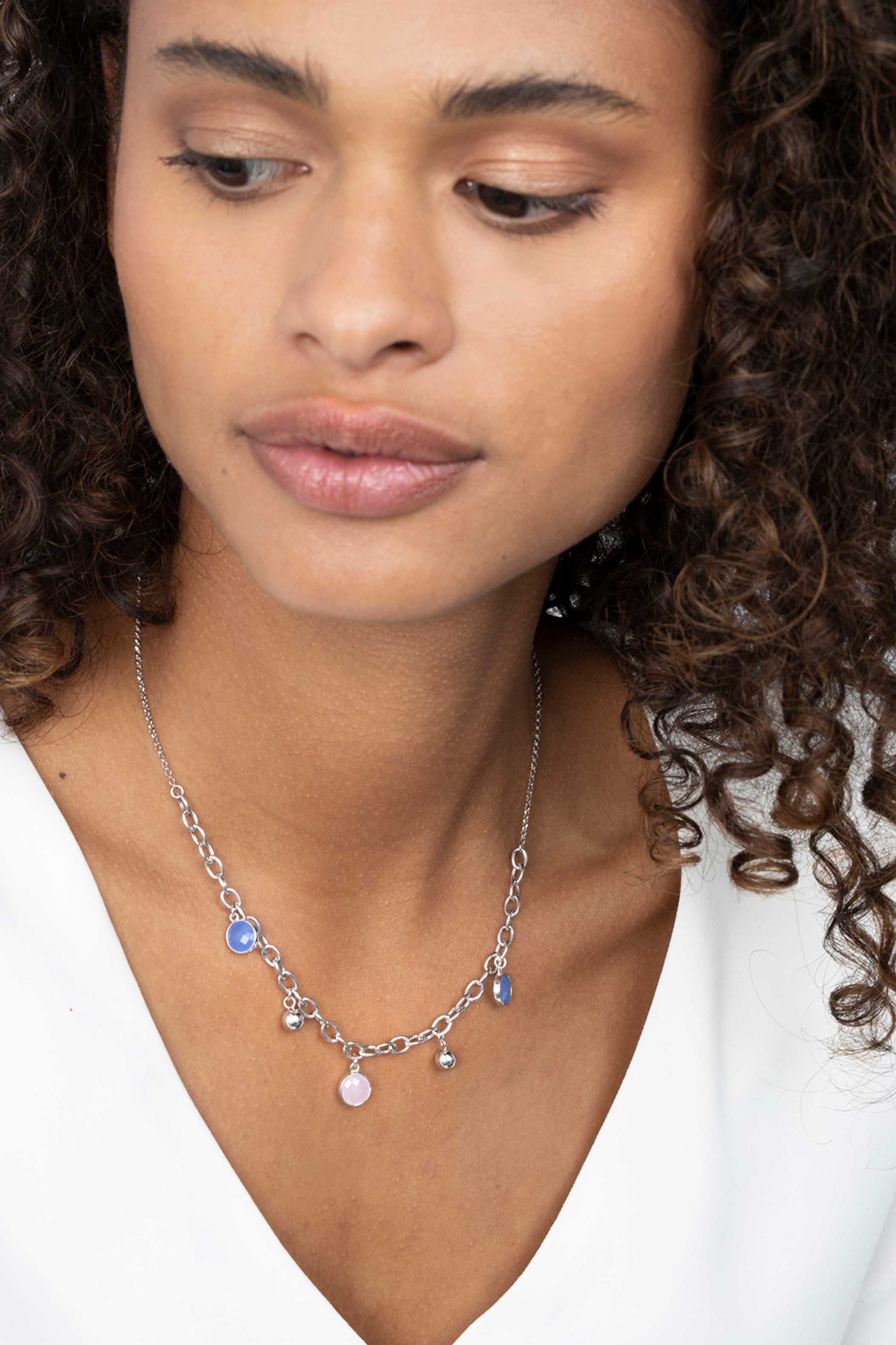 ZINZI silberne Luxus Jasseron Kette 45cm mit Kugel und Charms rund in rosaund blau ZIC2005