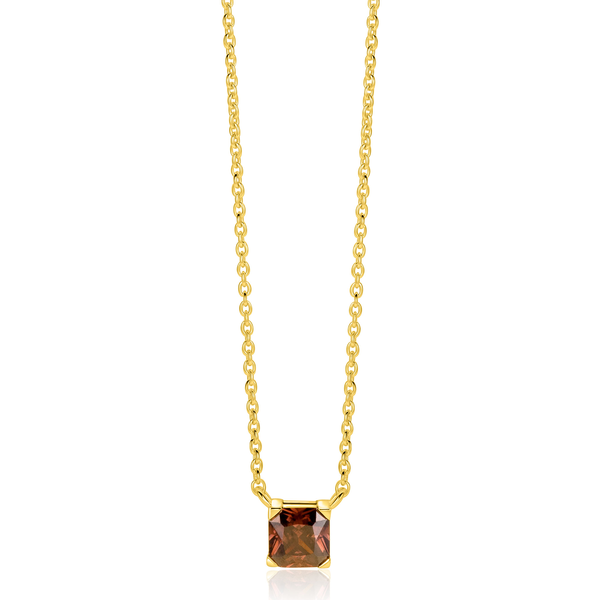 ZINZI zlv. collier gg.verg. met bruine vierkante steen