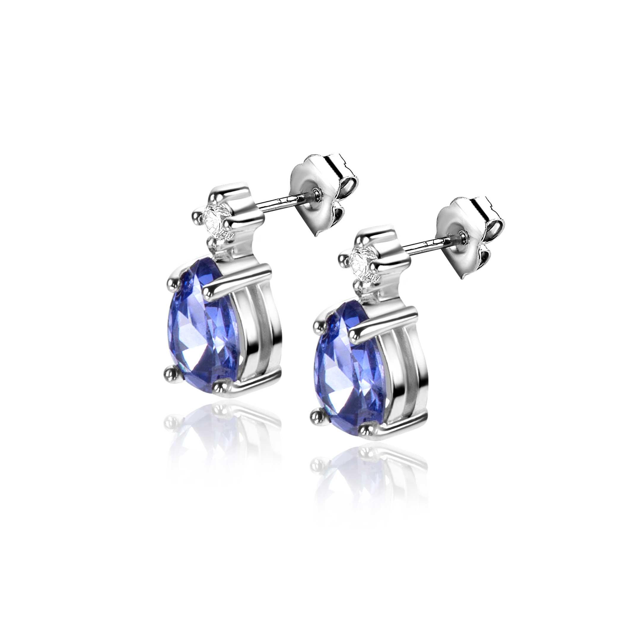 ZINZI zlv. oorknopjes zirc. en blauwe peer zirc.