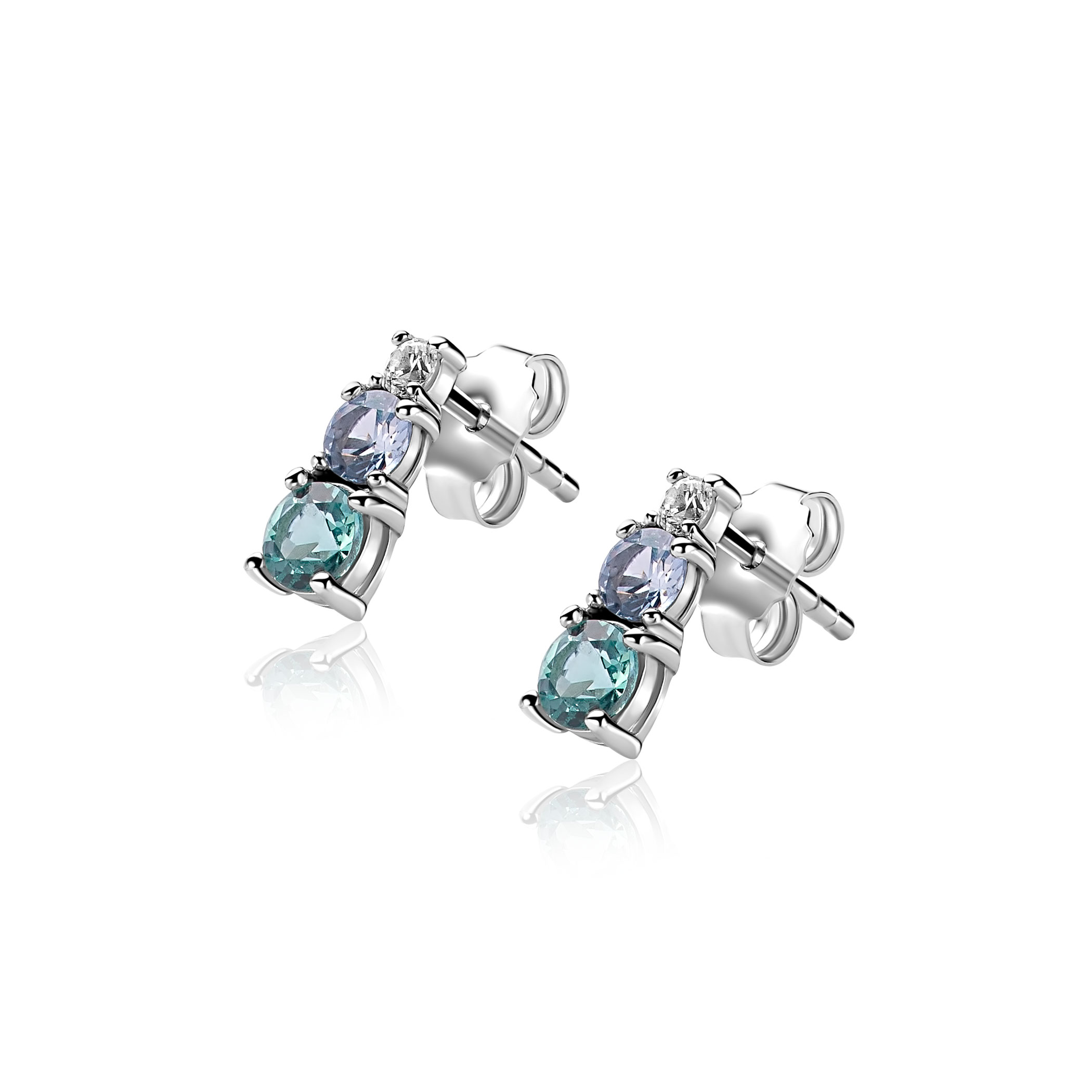 ZINZI zlv. oorknoppen met blauw/petrol/ wit cz