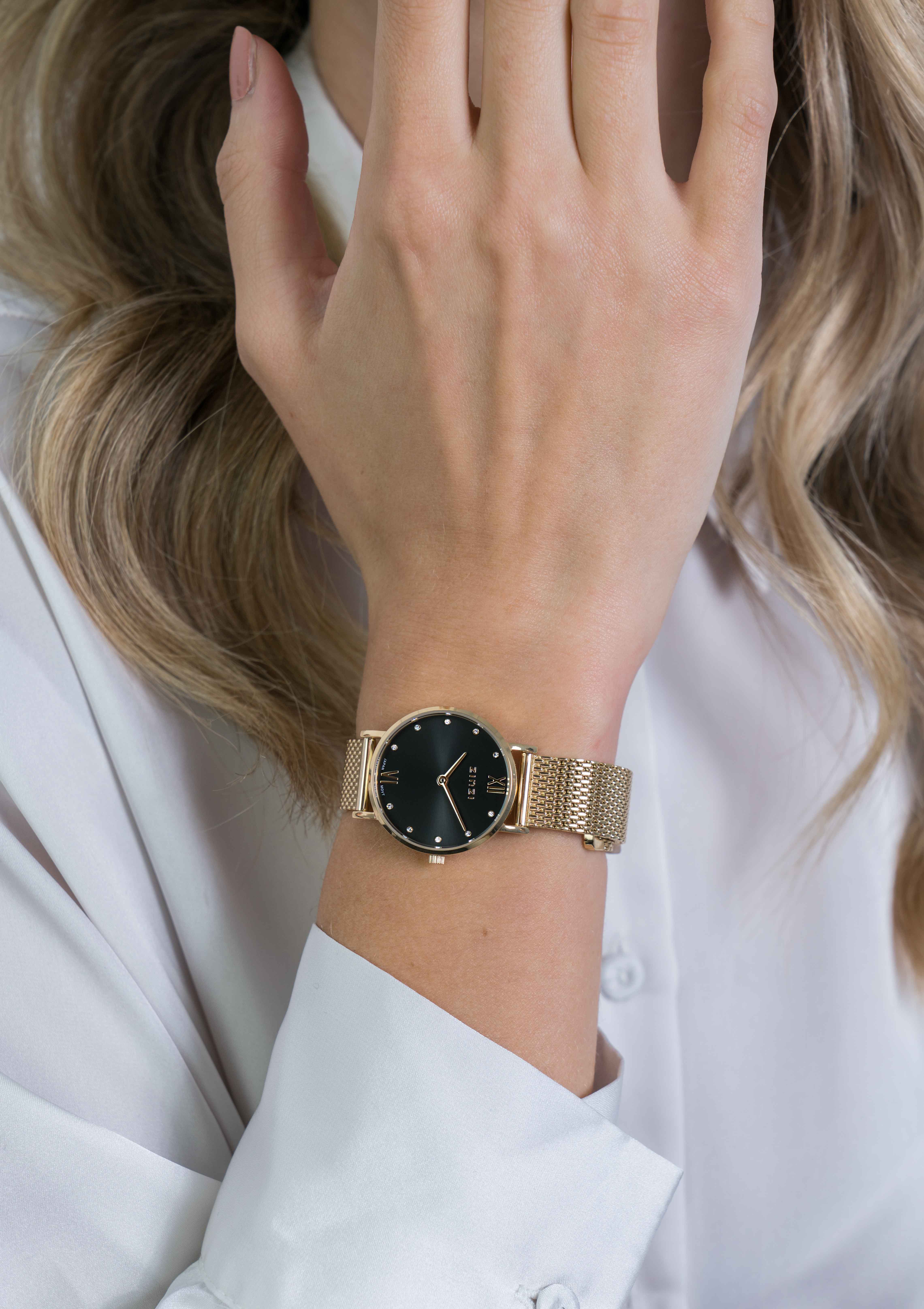 "ZINZI Lady Crystal Uhr schwarze Zifferblatt, gelbgoldfarbenes Gehäuse und  Stahlgitterband,  weiße Kristalle bei der Stundenanzeige, 28mm ZIW643M"
