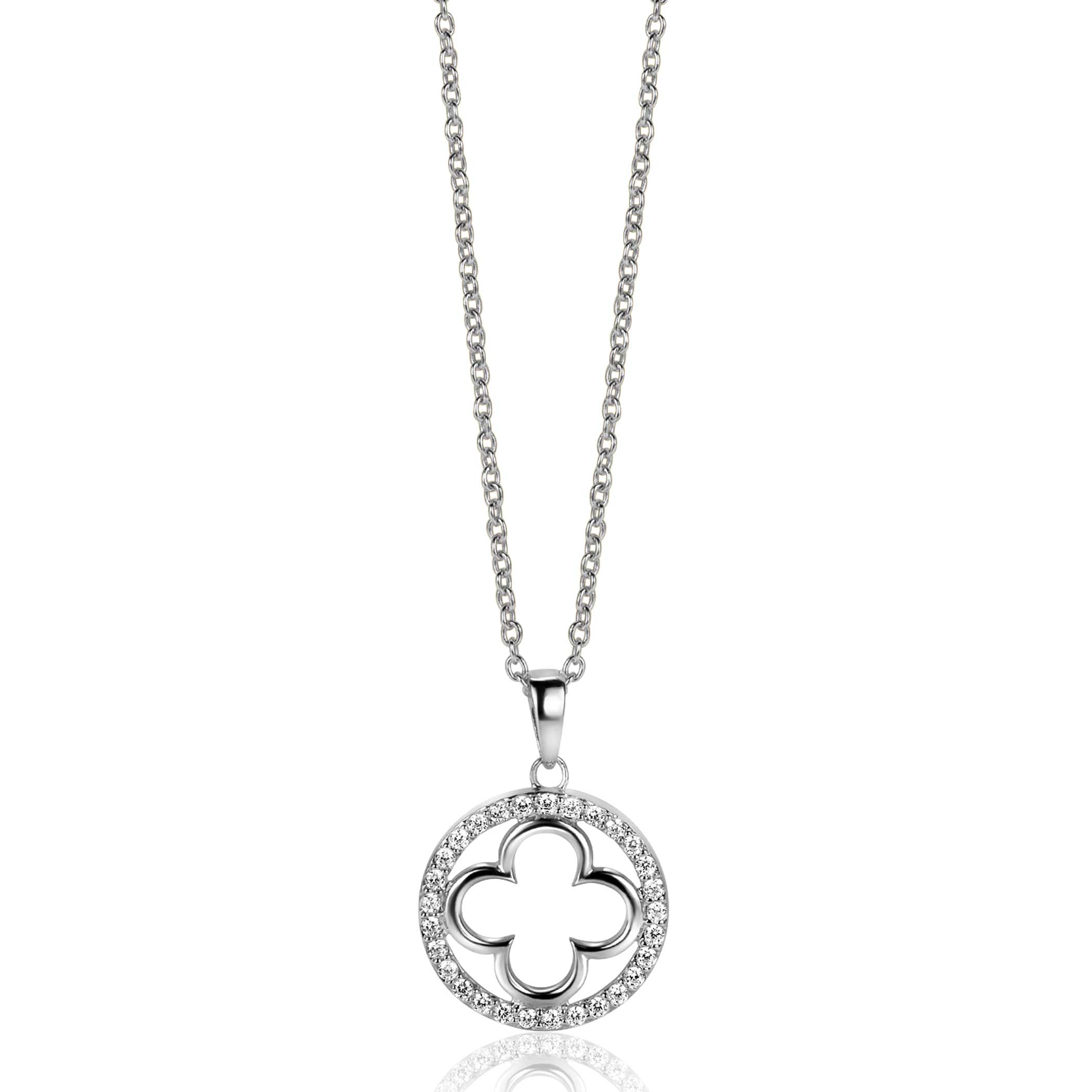 ZINZI Silber Kette mit luxuriösem Kleeblattanhänger (15 mm) rundum besetzt mit weißen Zirkonia, 45-48 cm ZIC2617