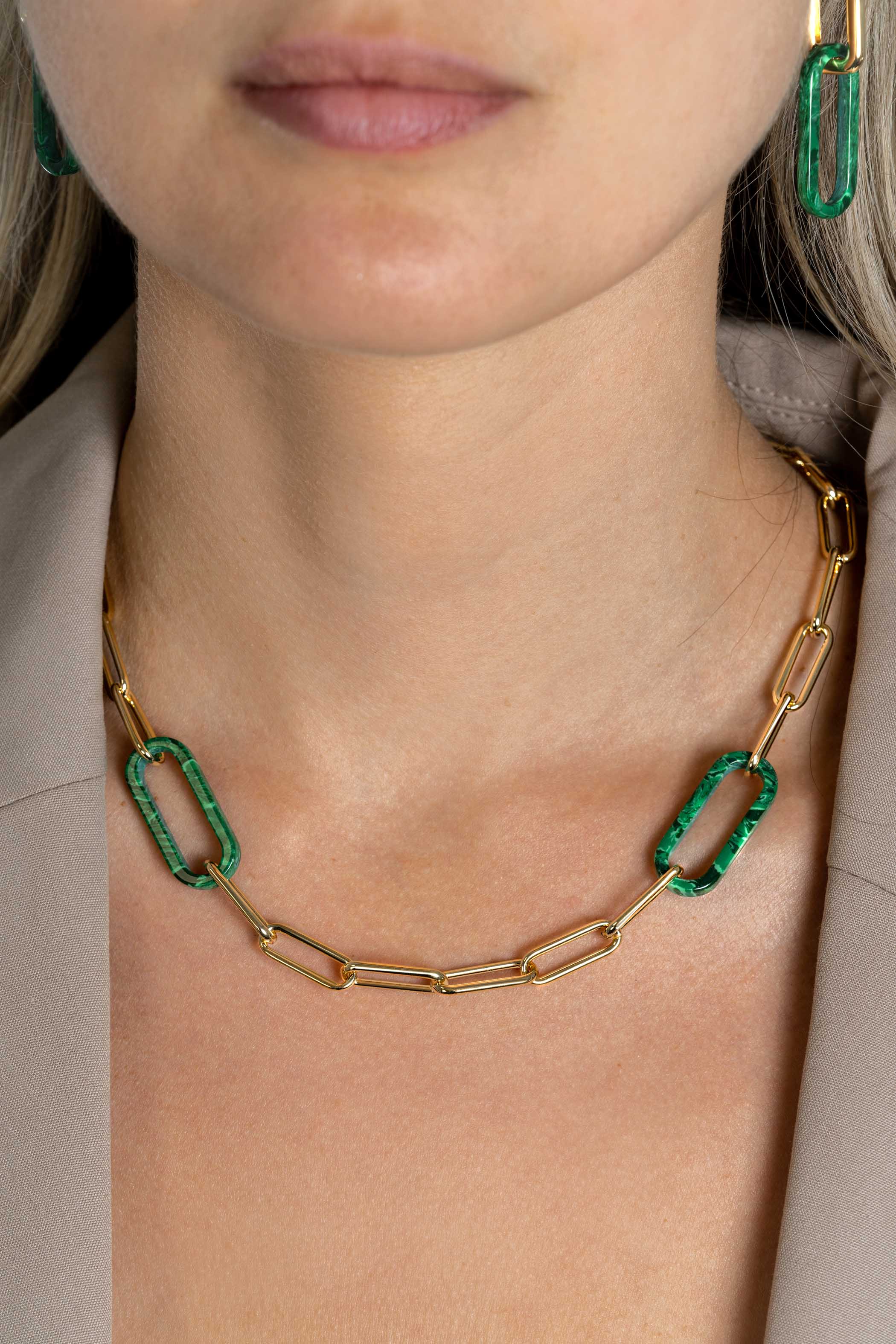 ZINZI zlv. collier gg.verg. papercilp met 2x malachiet