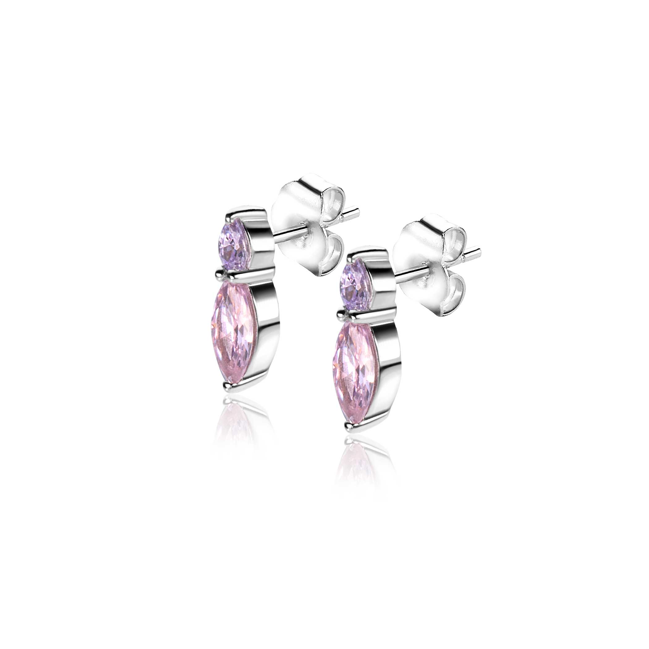 ZINZI zlv. oorknopjes roze en lila zirc.