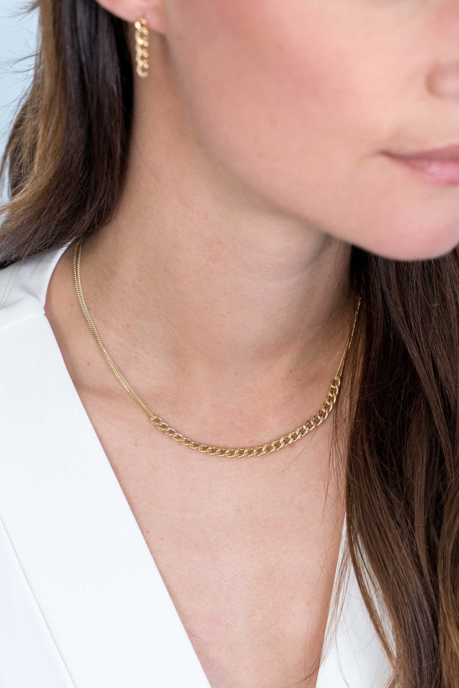 ZINZI silbernes multi-look Kette 14K gelb vergoldet 45cm Mittelteil breite Gourmet Glieder ZIC2185G