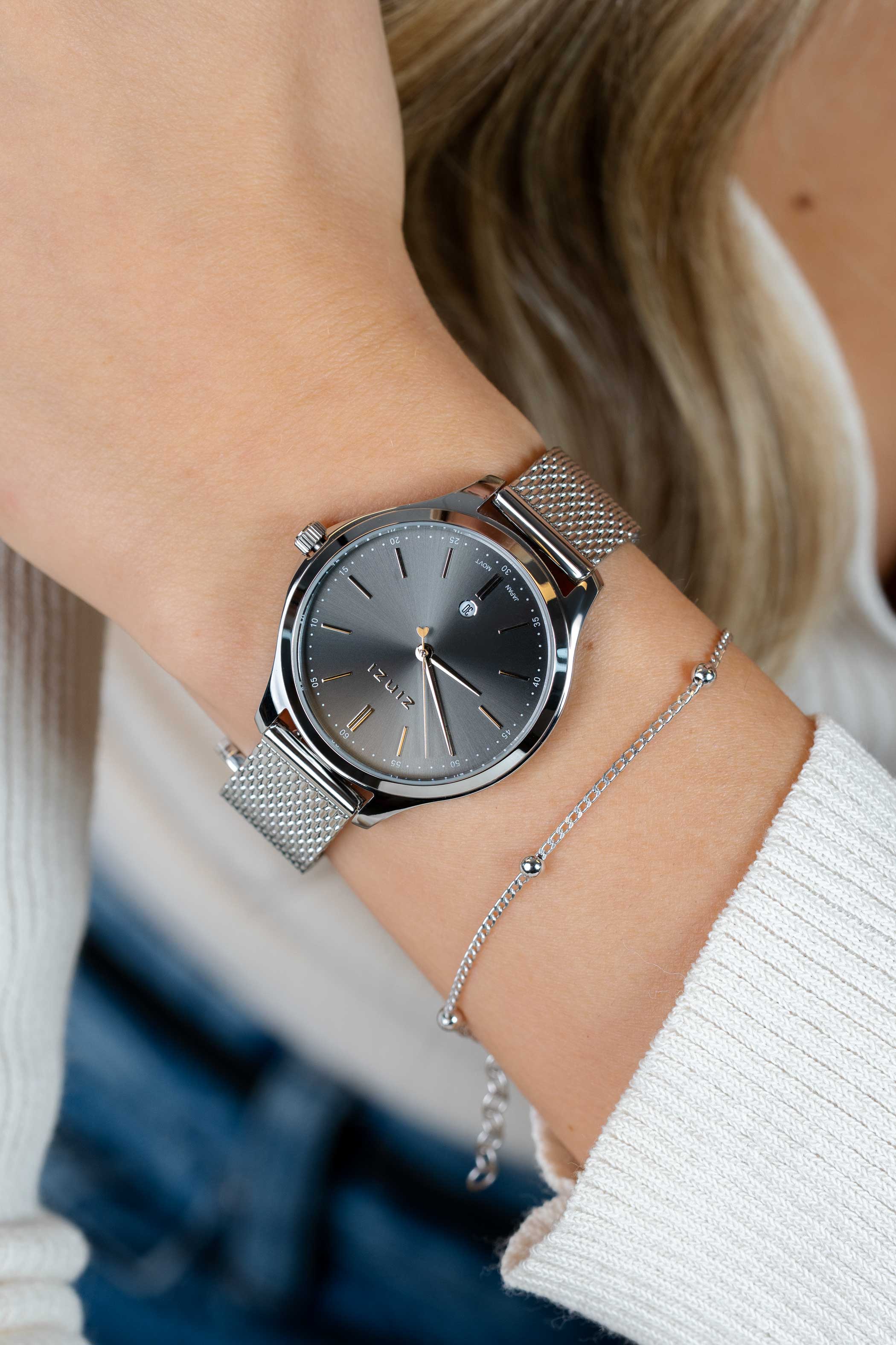 ZINZI Classy Uhr 34 mm graues Zifferblatt Stahlgehäuse und Mesh-Armband, Datum ZIW1024M