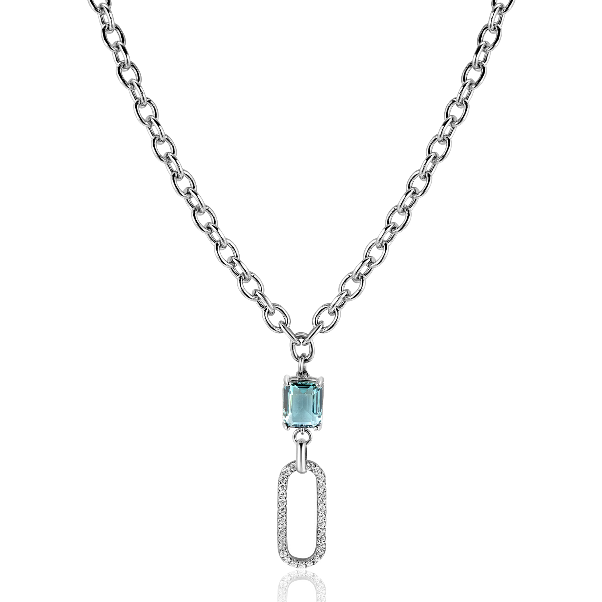 ZINZI zlv. collier/hanger ovale met zirc. en petrol cz