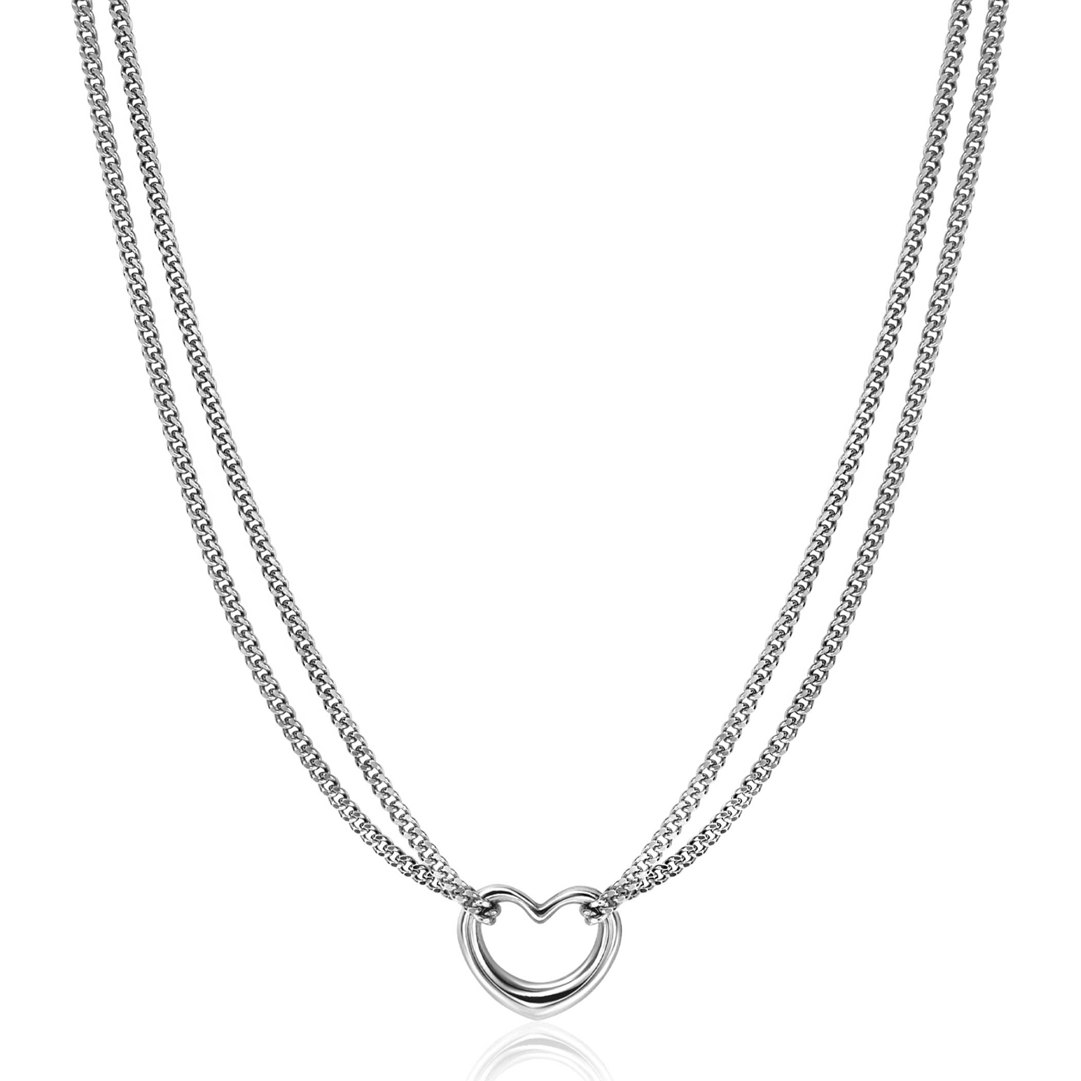 ZINZI zlv. collier dubbel grmt. met hart ertussen