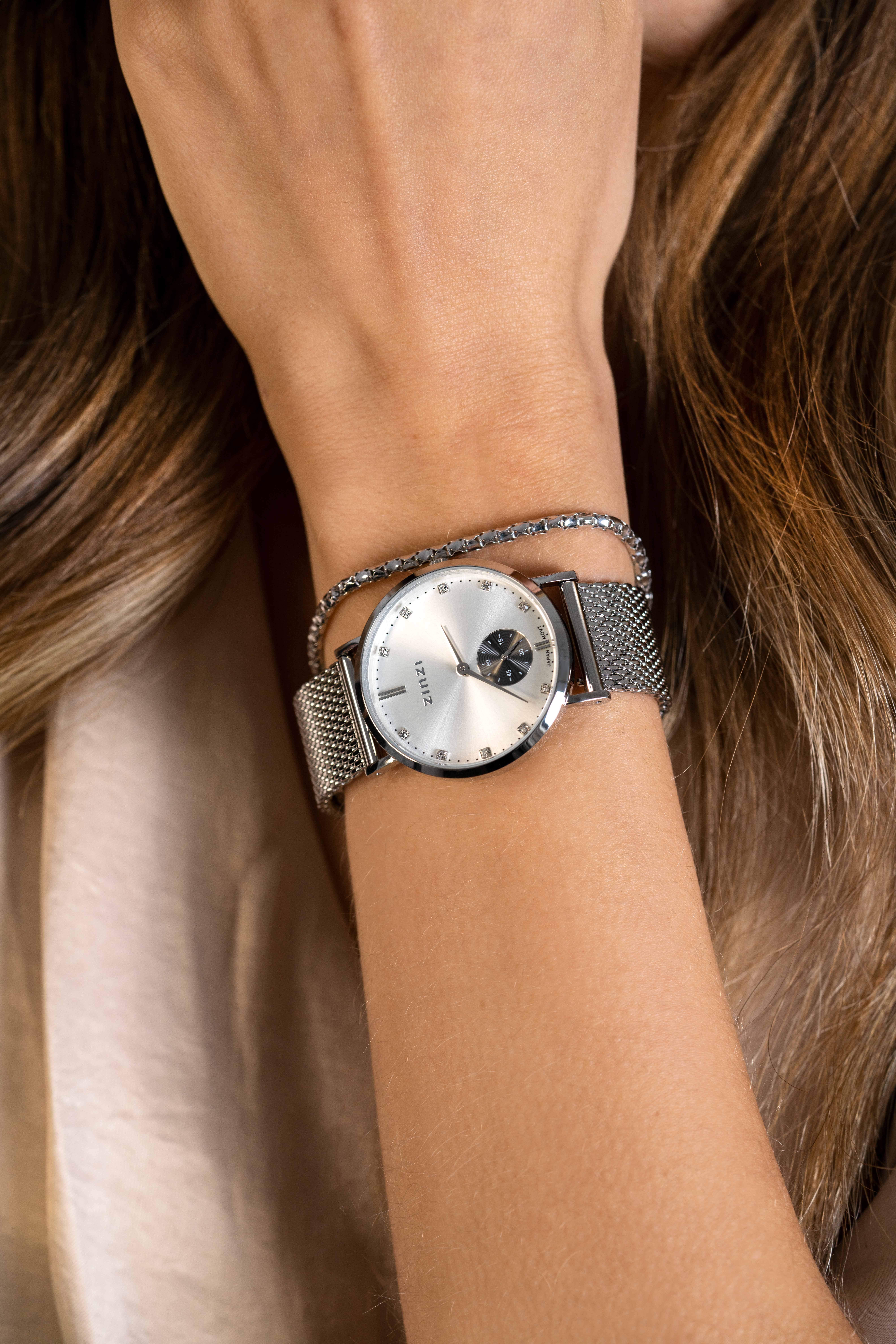 Zinzi Glam horloge zlv. w.plt/grijze chrono/meshb.