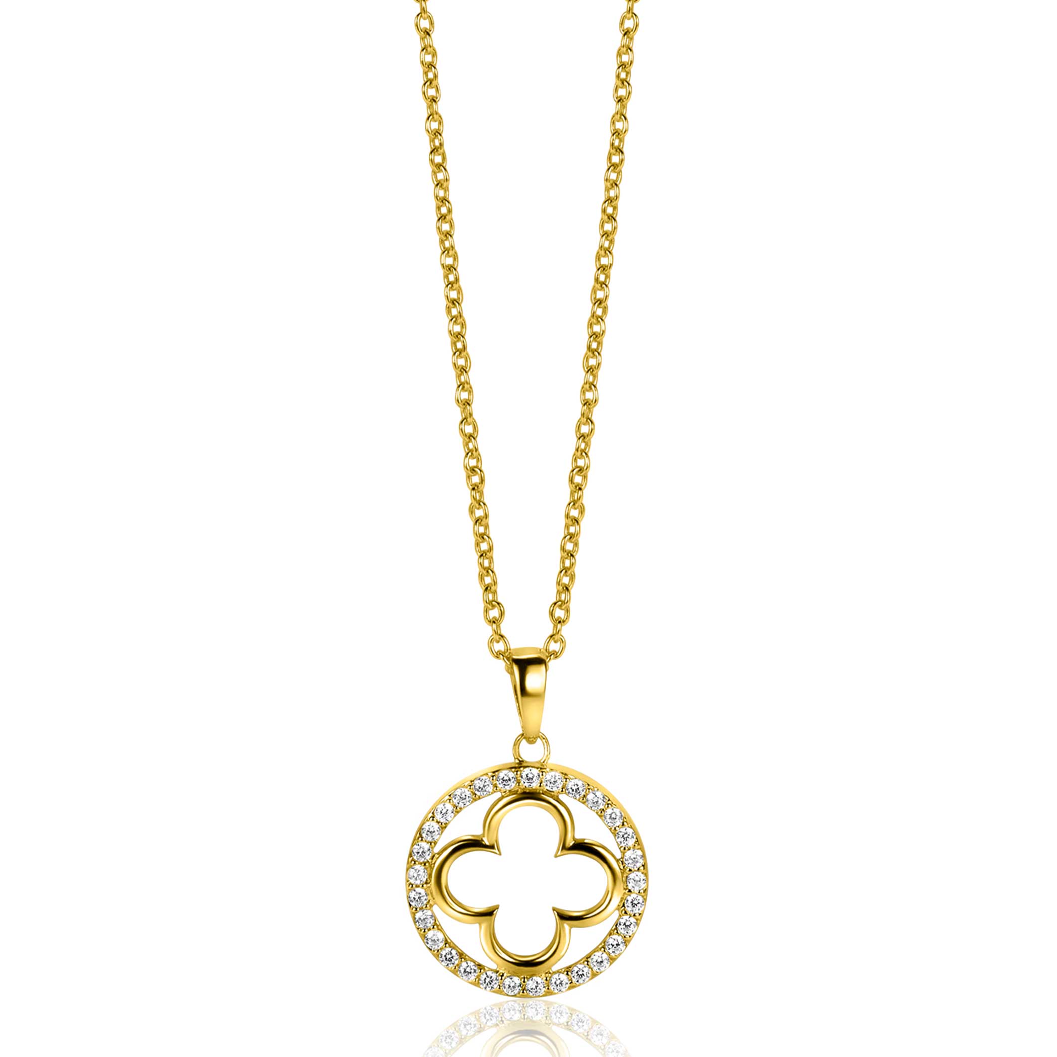 ZINZI vergoldete Silber Kette mit luxuriösem Kleeblattanhänger (15 mm) rundum besetzt mit weißen Zirkonia, 45-48 cm ZIC2617Y