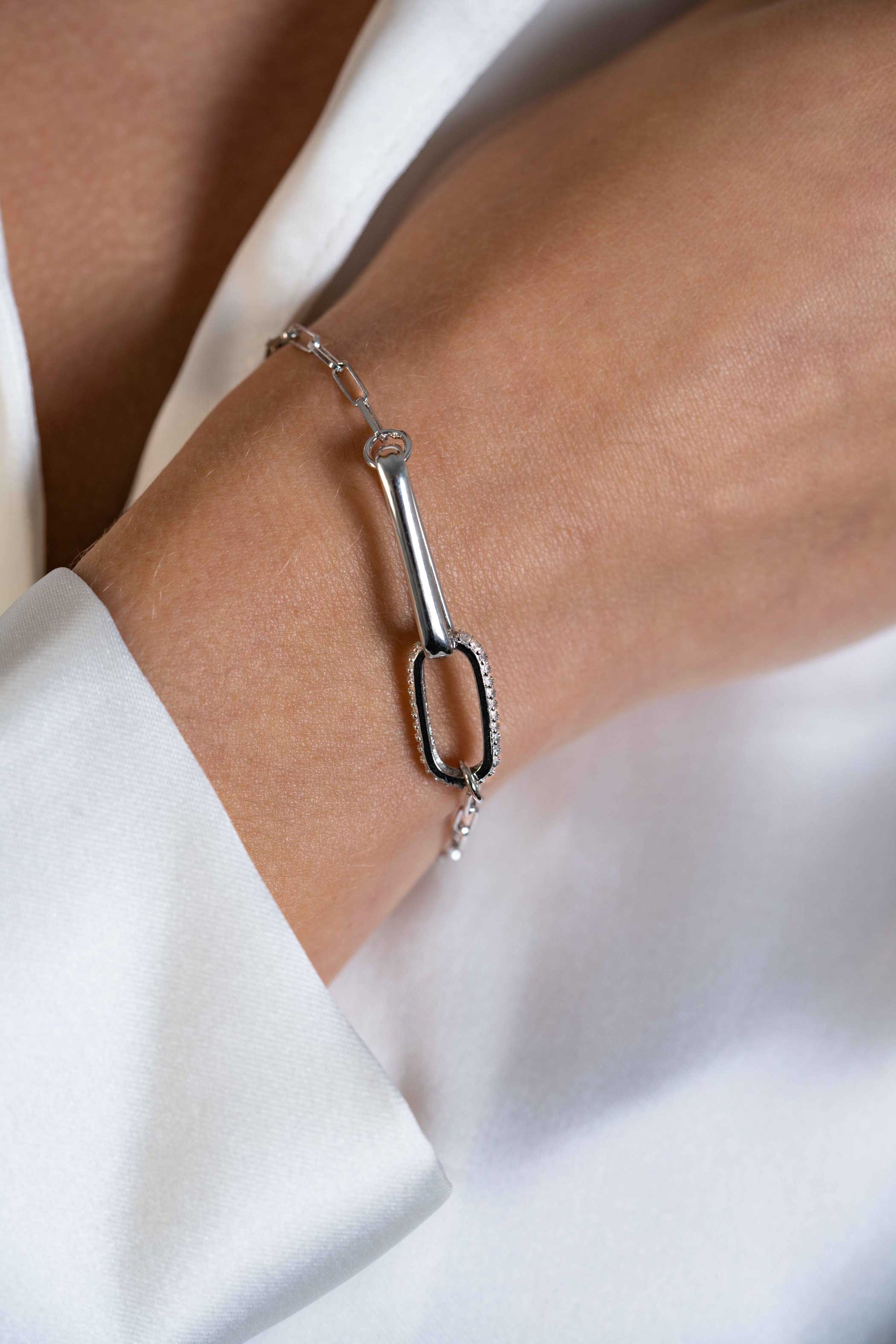 ZINZI zlv. armband papercl. 2 grote schakels zirc.