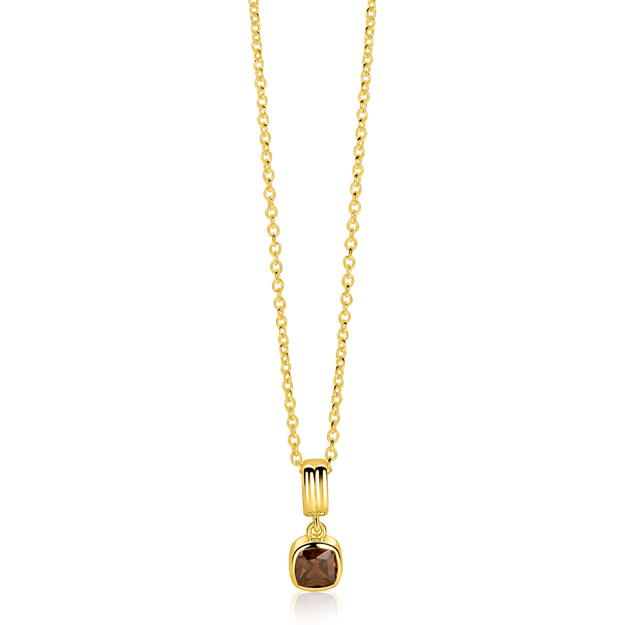 ZINZI zlv. gg.verg.collier hanger vierkant bruin zirc.