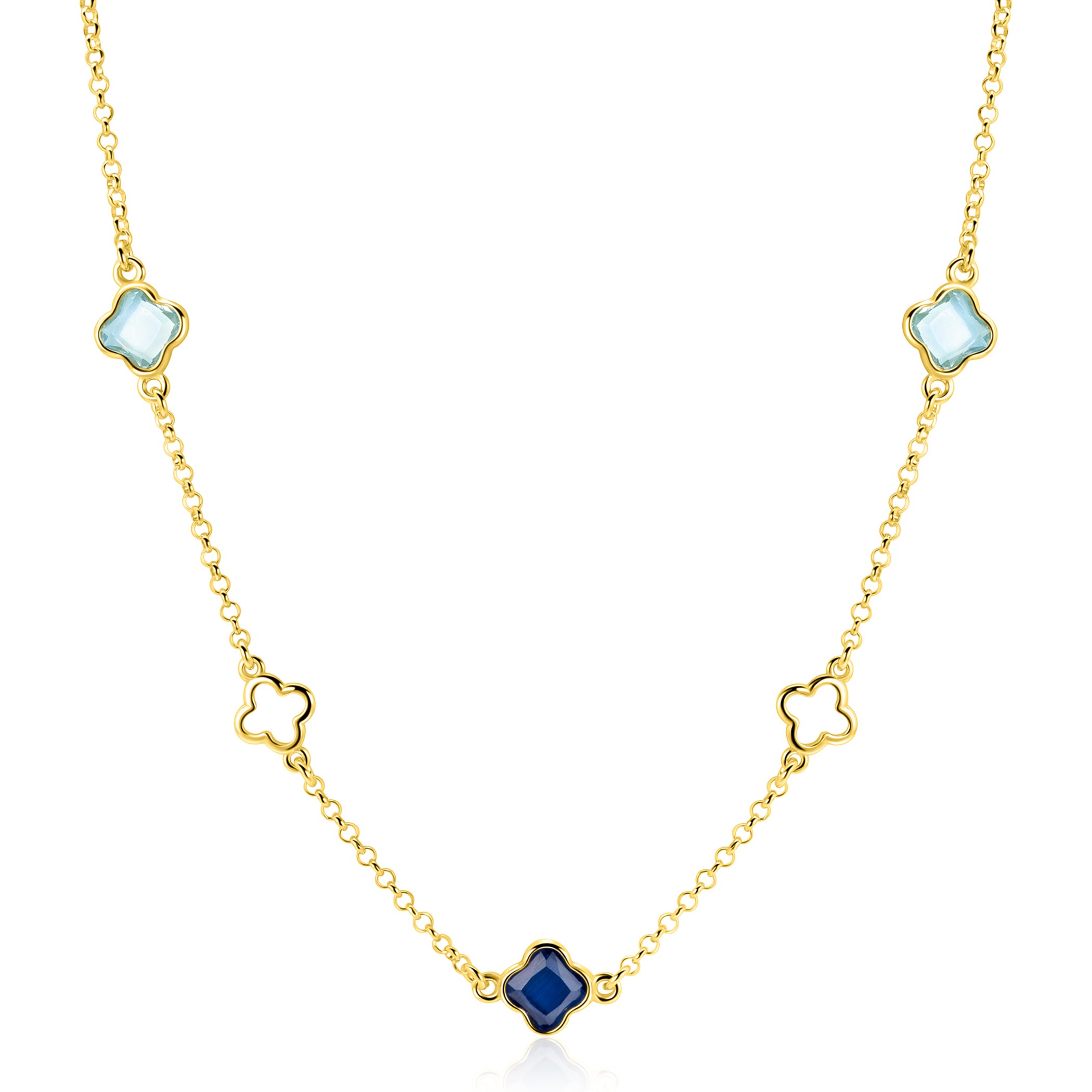 ZINZI zlv. collier gg.verg.met klavers blauw tinten