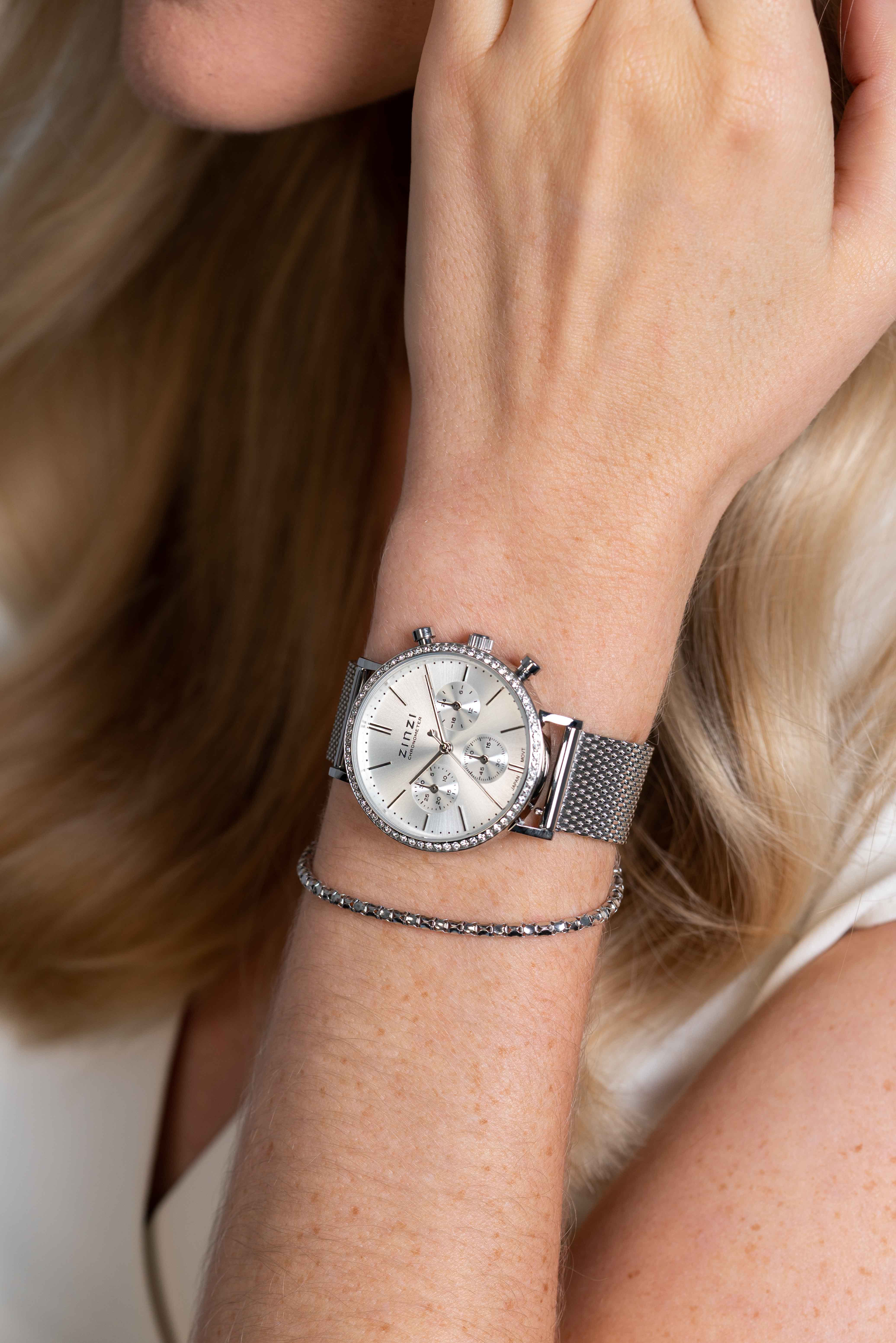 "ZINZI Uhr CHRONOGRAPH 36 mm Stoppuhr silberfarbenes Zifferblatt, Stahlgehäuse mit Kristallen, Stahlgeflechtarmband 18mm ZIW1602"