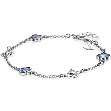 ZINZI zlv. armband met klaver blauw zirc.
