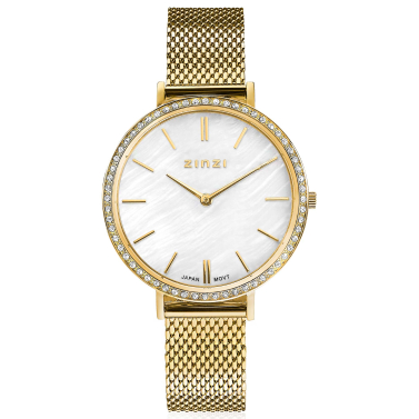 "ZINZI Uhr GRACE 34mm  weißes Perlmutt Zifferblatt, rundum besetzt mit  weißen Kristallen,  goldfarbenes Stahlgehäuse und Band ziw1334"