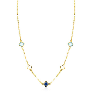 ZINZI zlv. collier gg.verg.met klavers blauw tinten