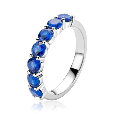 ZINZI zlv. rij ring 7x blauw zirc. 4mm breed mt.62