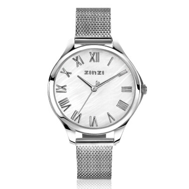 ZINZI Uhr JULIA 34 mm weißes Perlmutt-Zifferblatt römische Ziffern Stahlgehäuse und Mesh-Armband ZIW1117M