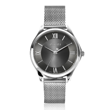 ZINZI Classy Mini Uhr 30 mm graues Zifferblatt Stahlgehäuse und Mesh-Armband ZIW1224M