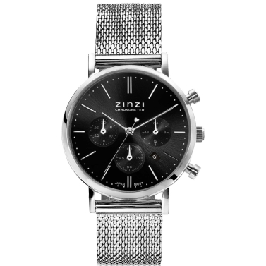 "ZINZI Uhr CHRONOGRAPH 34 mm schwarzes Zifferblatt mit Datum und Chronometern, Stahlgehäuse, Stahlgeflechtarmband 18 mm ZIW1501"