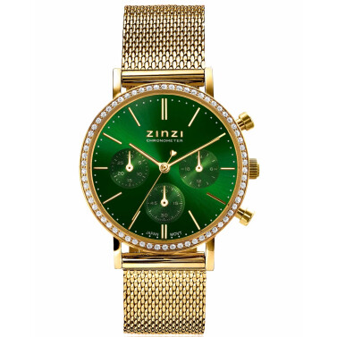 Uhr ZINZI CHRONOGRAPH 36 mm Stoppuhr grünes Zifferblatt, gelbgoldenes Stahlgehäuse mit Kristallen, gelbgoldenes Stahlgeflechtarmband 18 mm ZIW1635